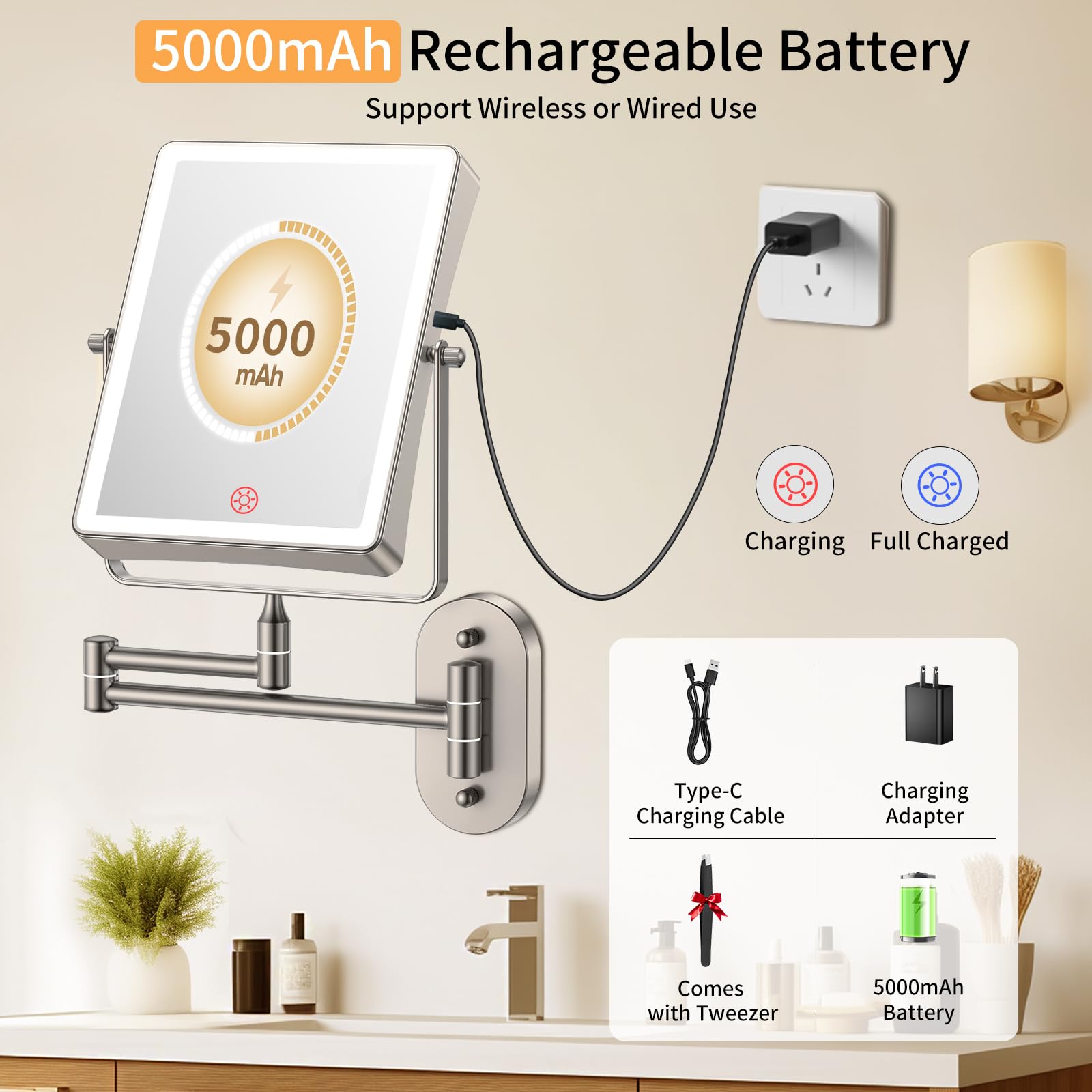 FUNTOUCH miroir mural avec trois teintes lumineuses pour un rendu couleur naturel