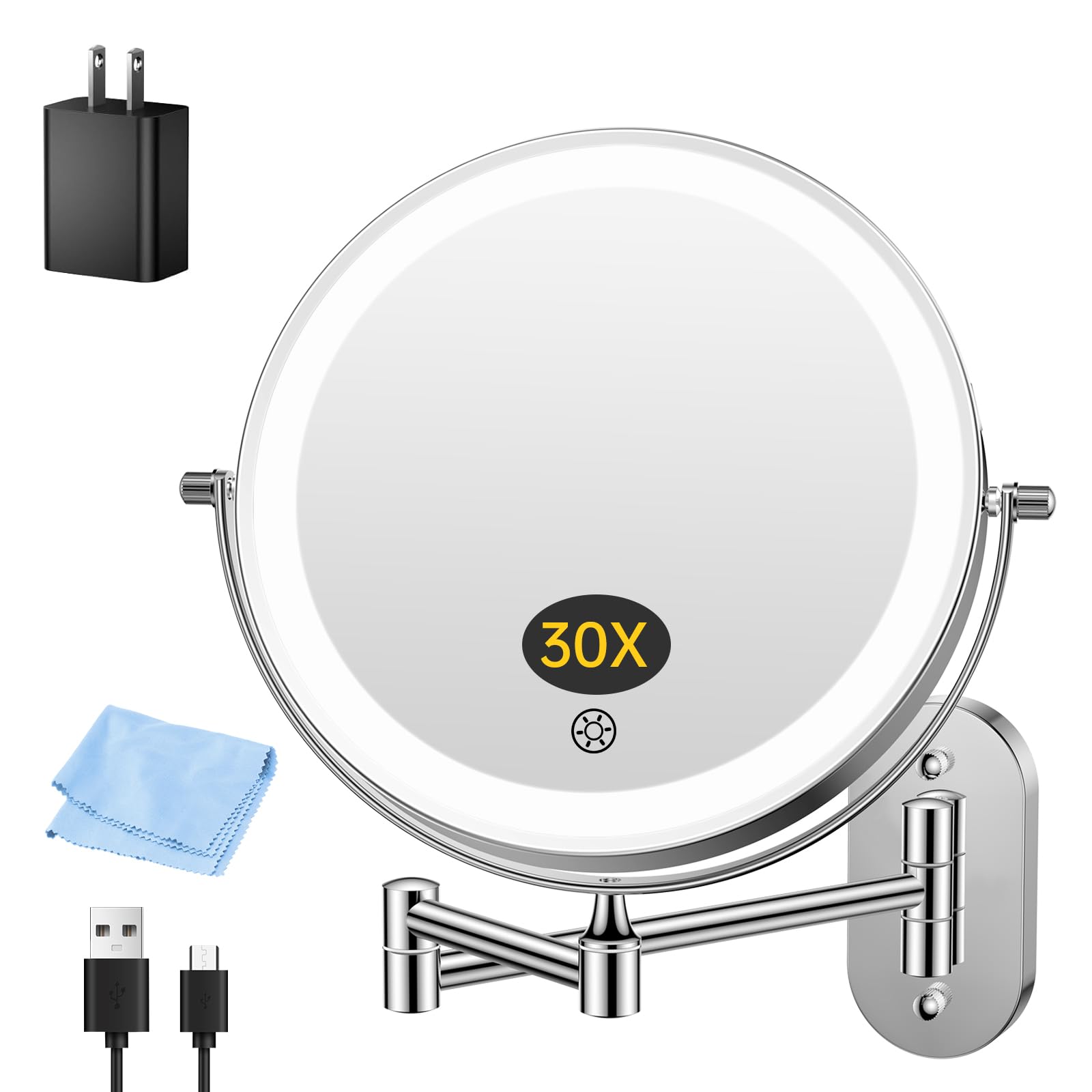 FUNTOUCH miroir mural lumineux 1x/30x, précision maquillage et détails du regard