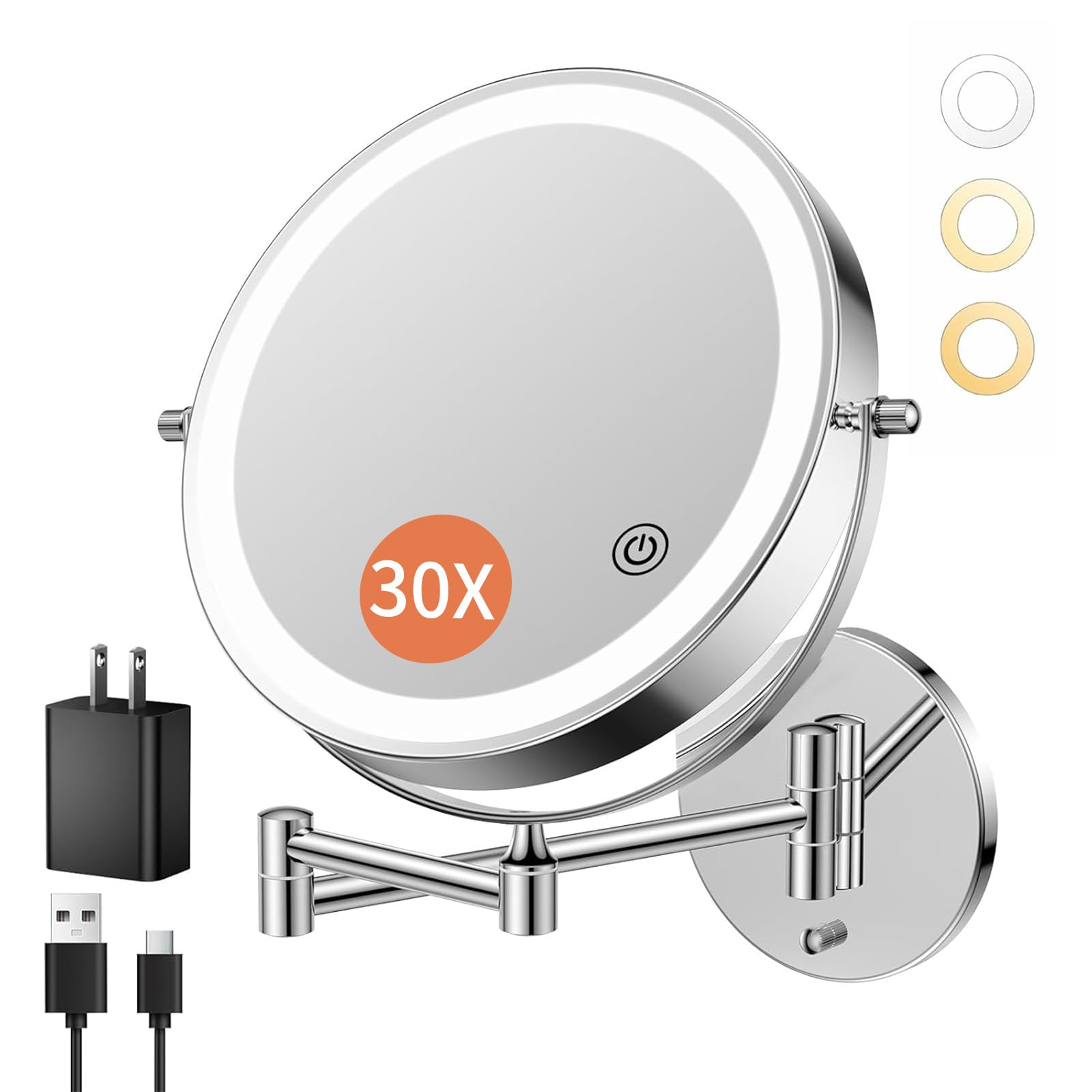 Miroir FUNTOUCH mural éclairé 30x/1x pour un maquillage précis.