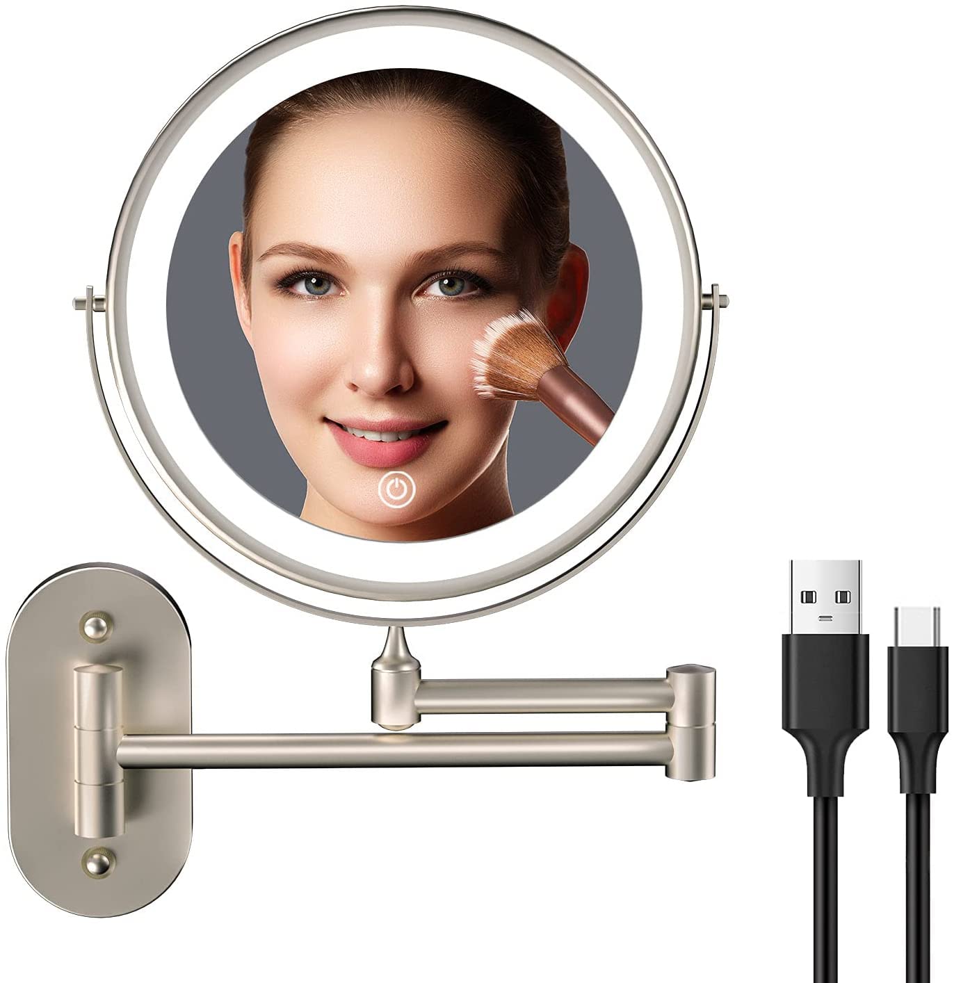 Miroir FUNTOUCH lumineux mural rechargeable pour maquillage pratique et sans piles.