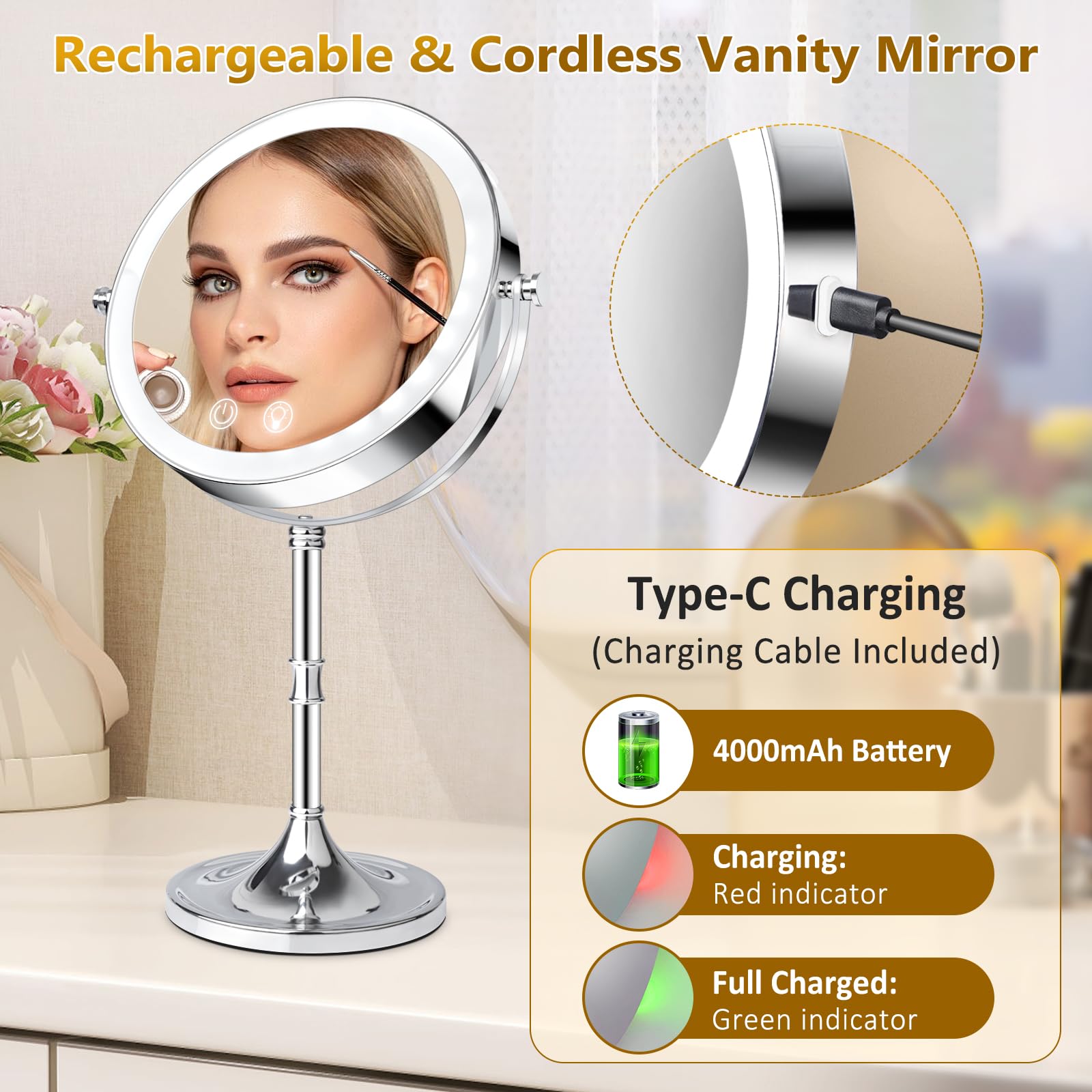 Miroir Fursourige rechargeable 4000mAh pour utilisation sans piles