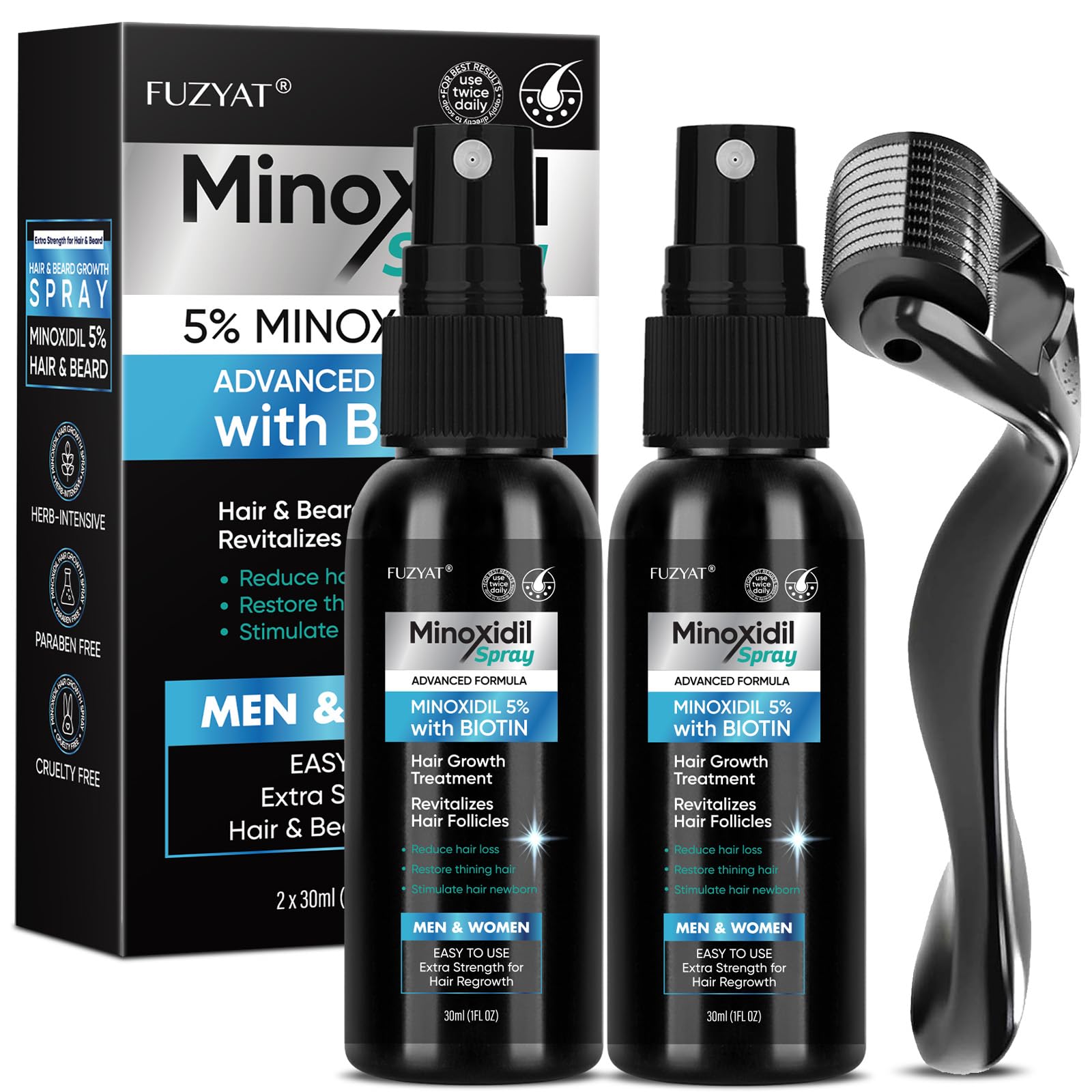 FUZYAT Minoxidil 5% – flacon-pour-bouteille, application pratique sur le cuir chevelu.