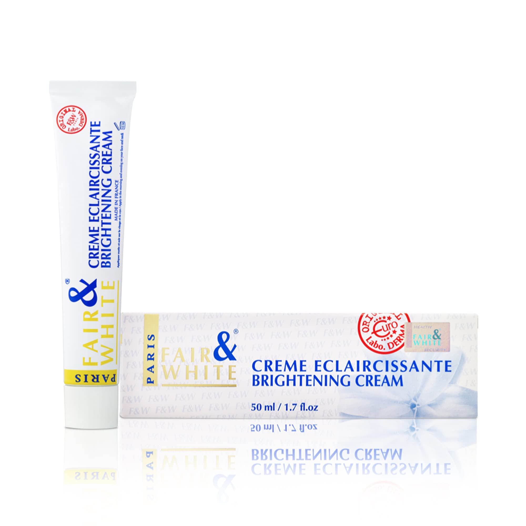 Crème éclaircissante F&W dans sa bouteille, idéale pour une routine visage quotidienne.