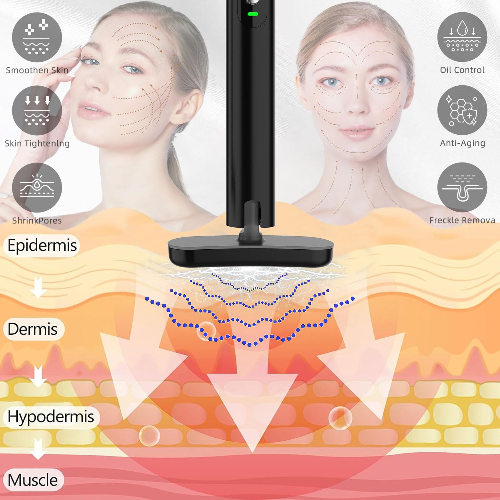 Fxtiaa LED-Thérapie: massage visage avec lumière, peau revitalisée.