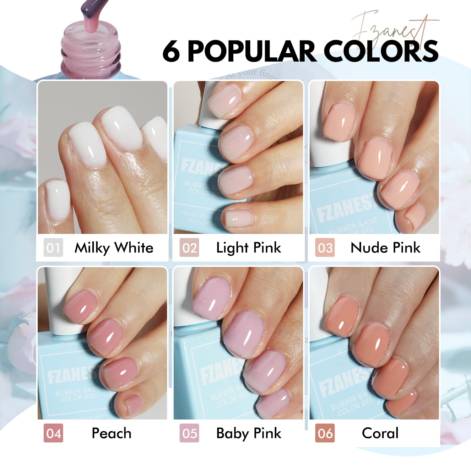 Échantillons FZANEST Gel base nude rose pâle, aperçu des teintes neutres.