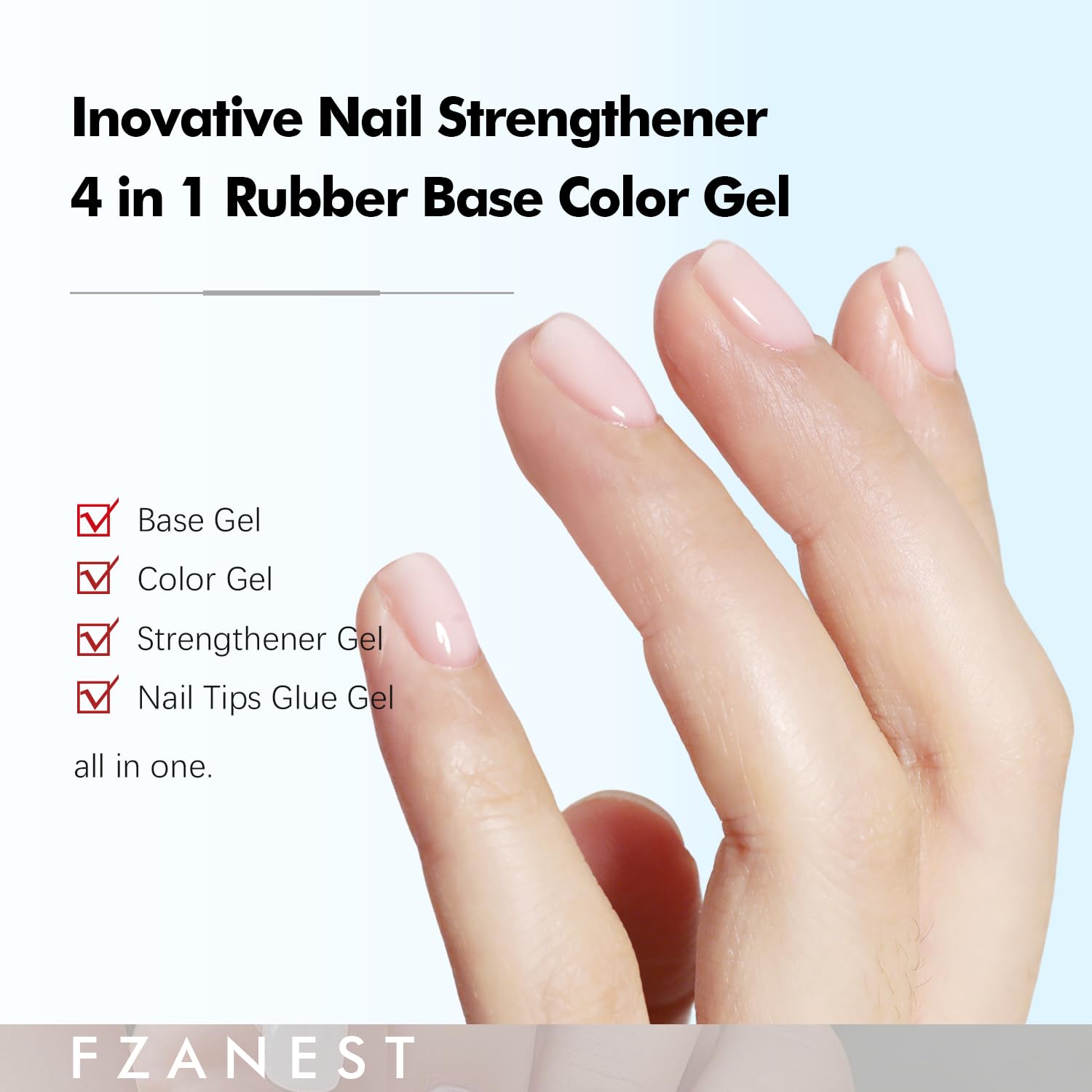 Ongles traités avec FZANEST Gel Base nourrissant, renforcement léger et forme précise.