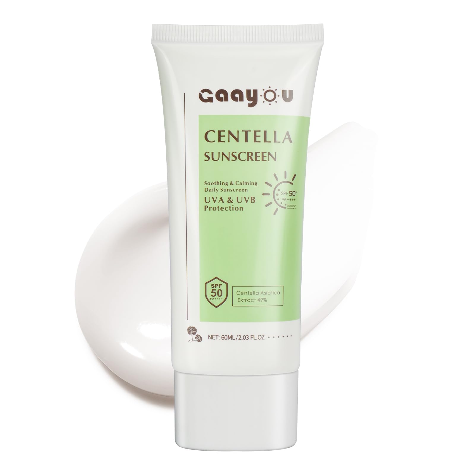 Gaayou Centella crème solaire visage SPF50 PA, fini mat et hydratante pour peaux sensibles.