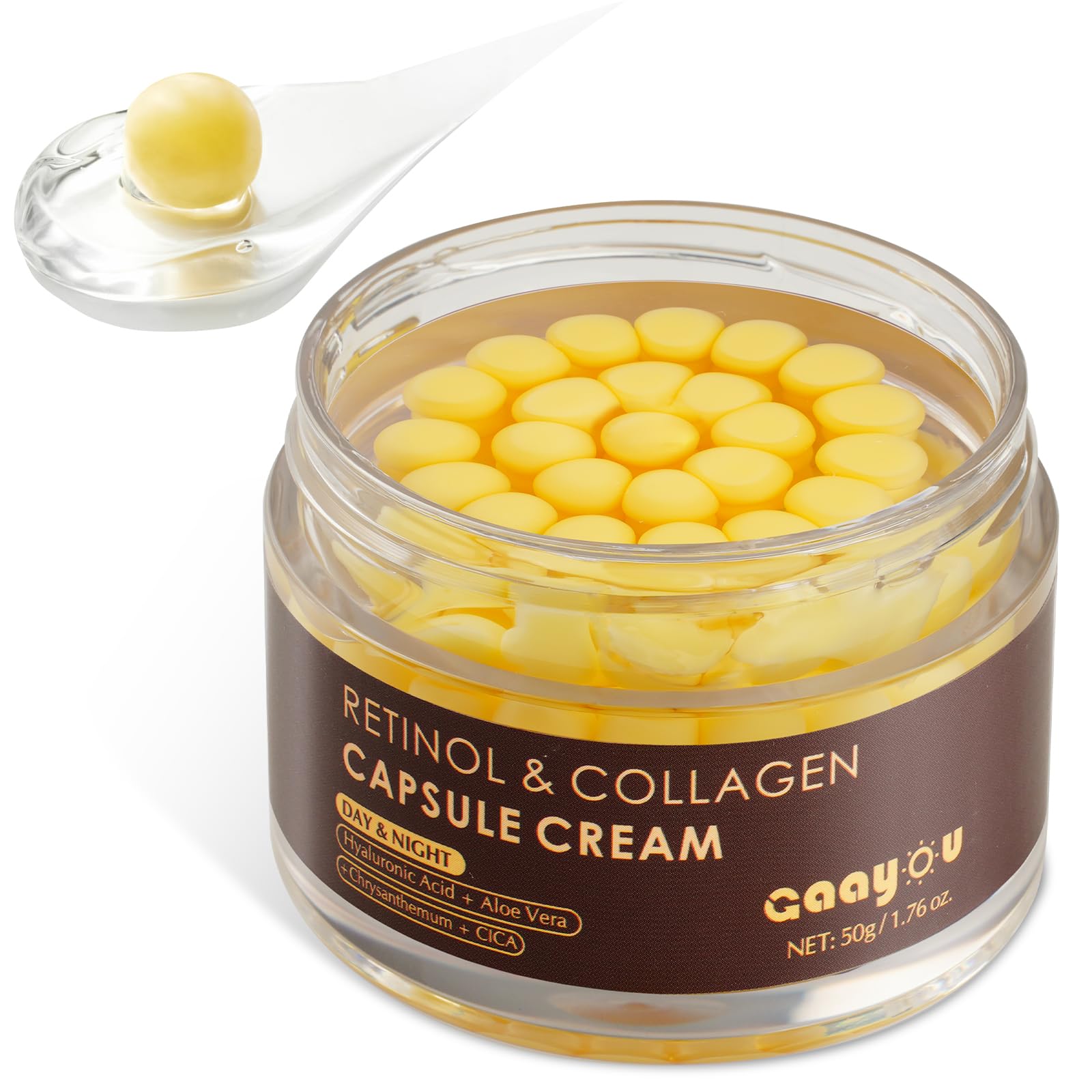 Gaayou crème capsules retinol visuelle: flacon doré et soin raffermissant pour le visage.