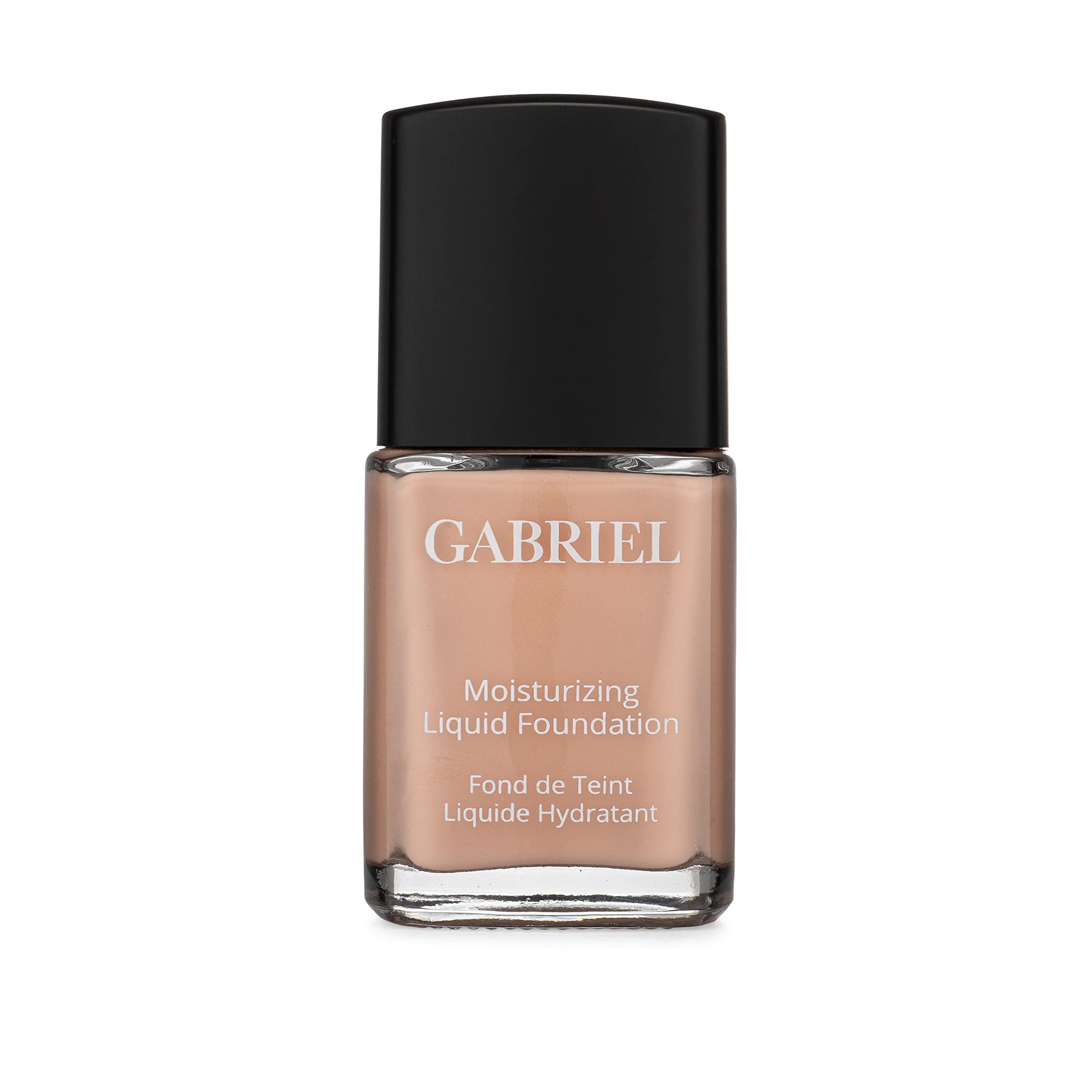 Gabriel Cosmetics fond de teint liquide, flacon rose-beige, offre une couvrance naturelle et hydratante.