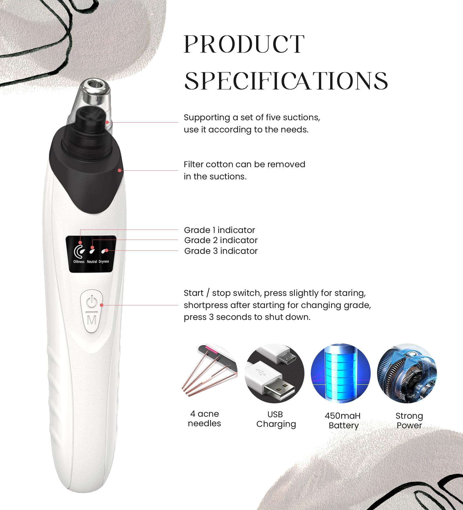Gackoko extracteur-pores: affichage et batterie USB rechargeables pour utilisation nomade