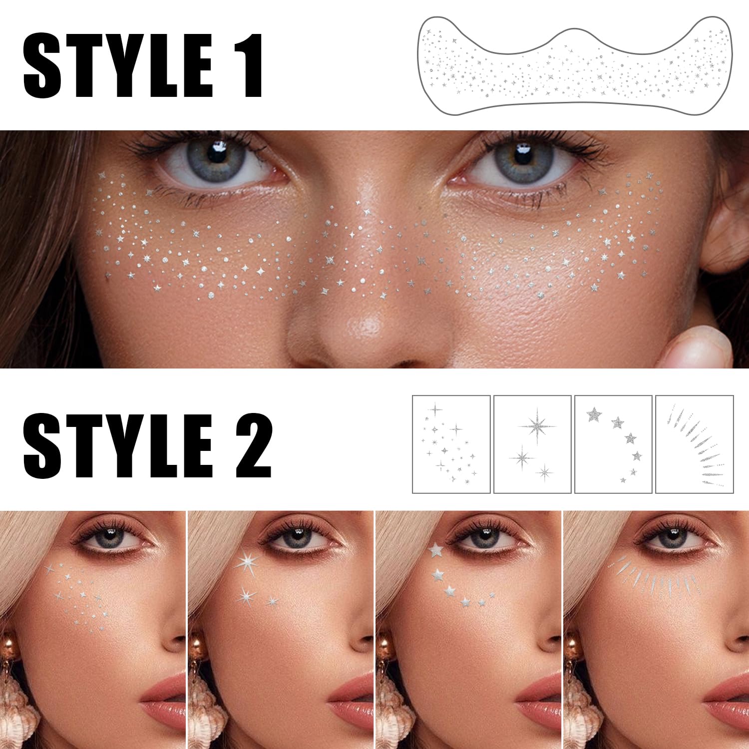 GADMLURY paillettes argent tatouage visage amovibles, retrait simple avec huile.