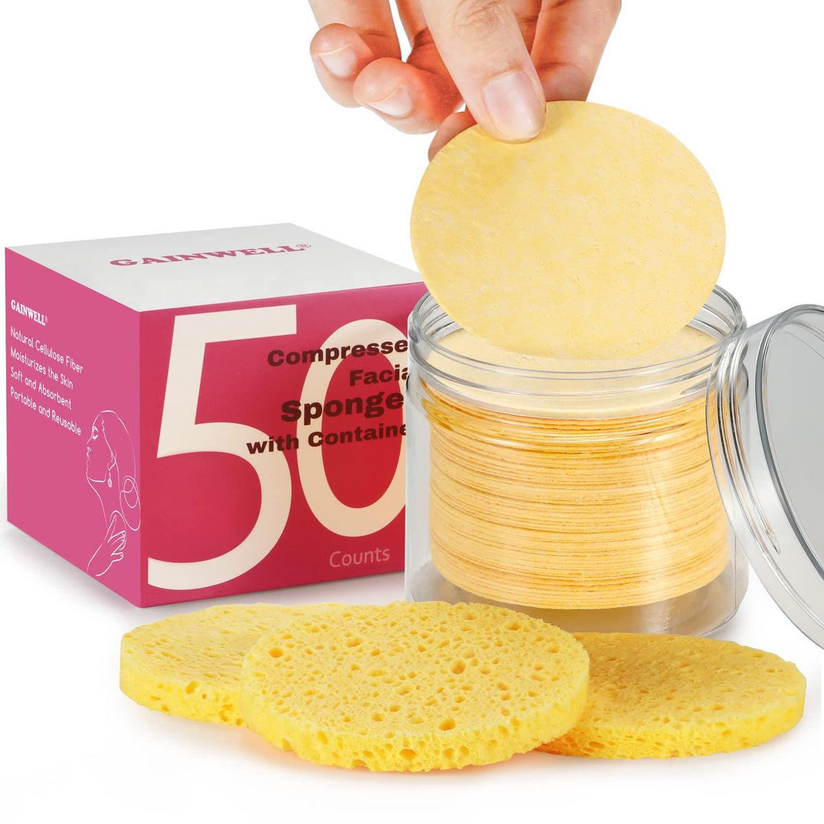Gainwell éponge visage compressée dans une boîte de rangement pratique pour une hygiène optimisée.