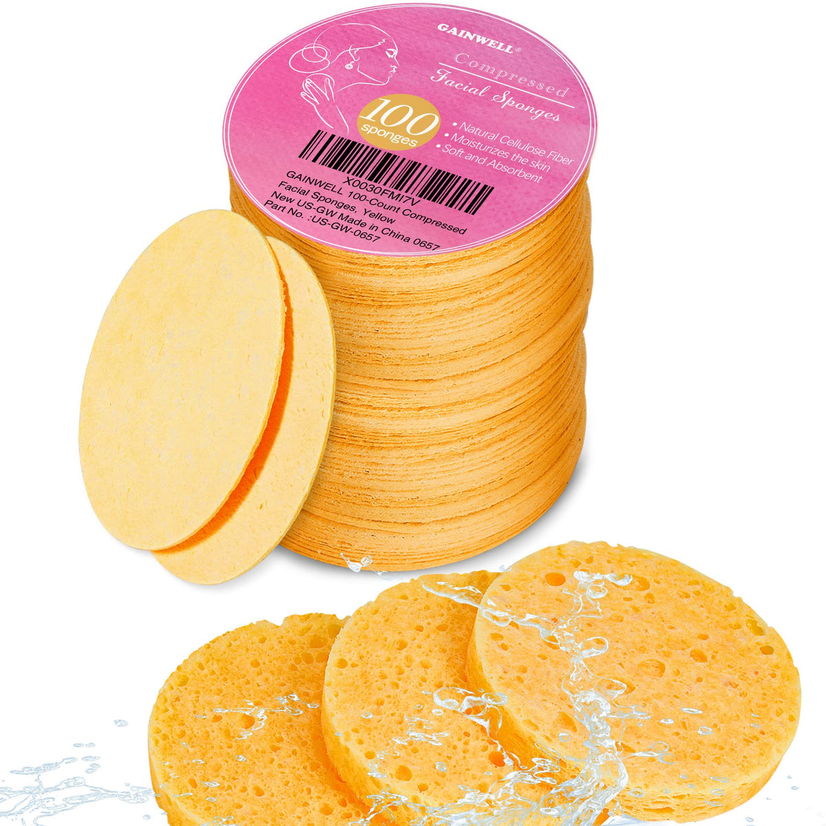 Gainwell éponges faciales compressées dans leur sachet voyage, pratique pour le rangement.