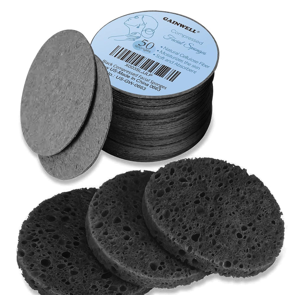 GAINWELL éponges faciales noires compressées, paquet de 50, nettoyage quotidien doux.