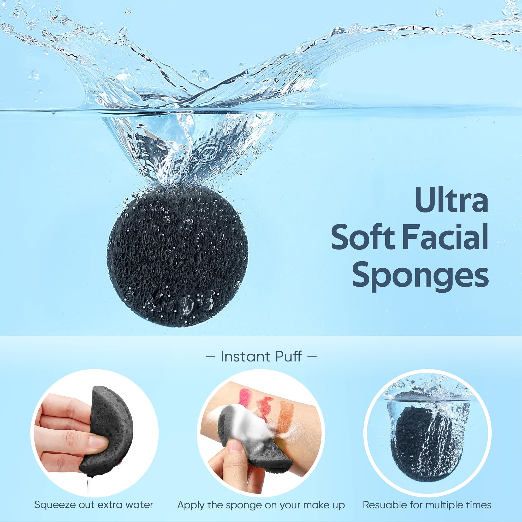 GAINWELL éponges faciales noires compressées, texture légère pour un nettoyage en douceur.
