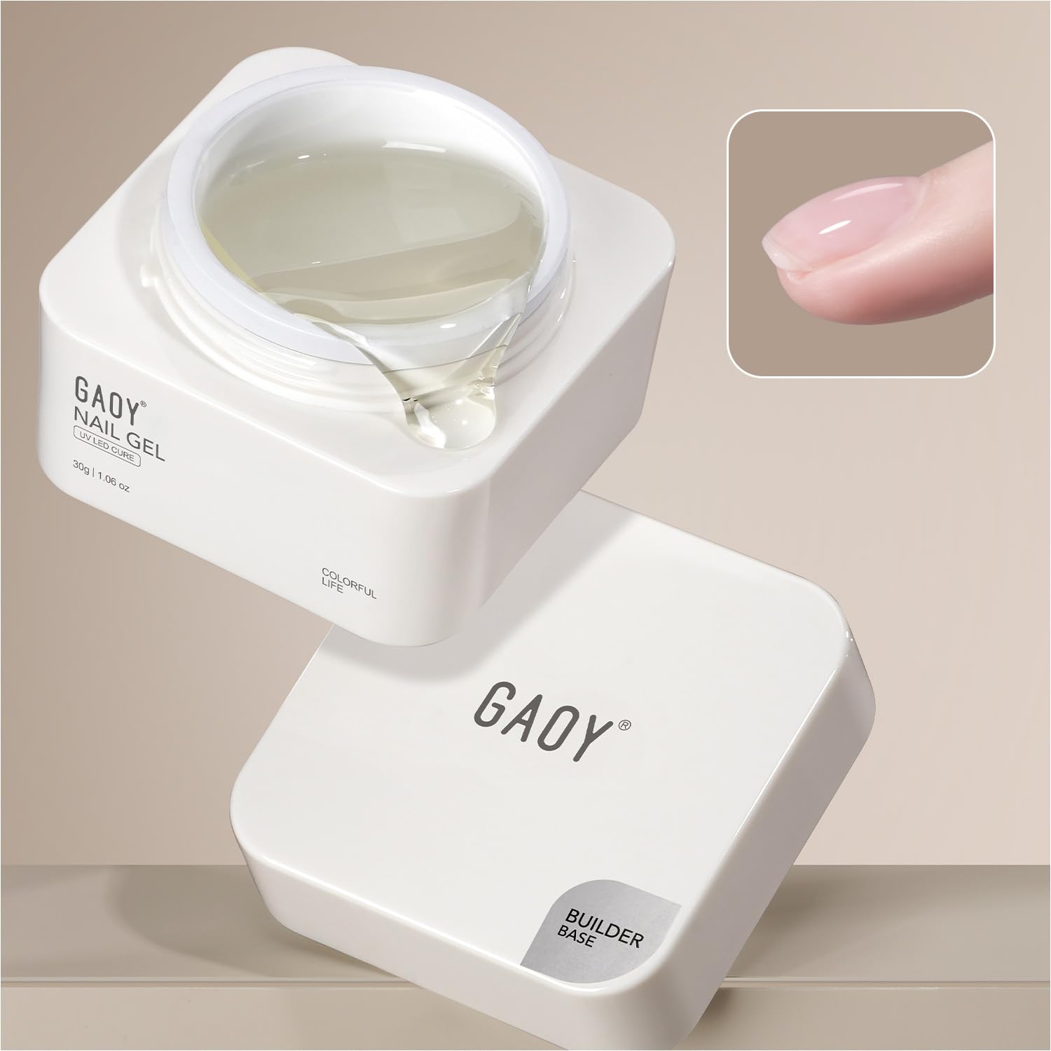 GAOY Builder Base, flacon clair, base et durcissement réunis pour ongles solides.