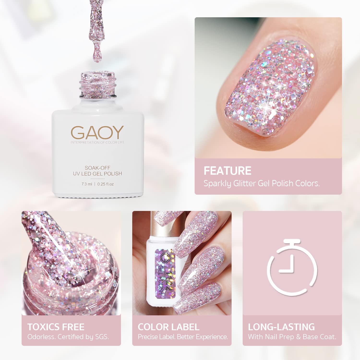 GAOY Chrome Platinum Glitter finition brillante, tenue jusqu'à quatre semaines.