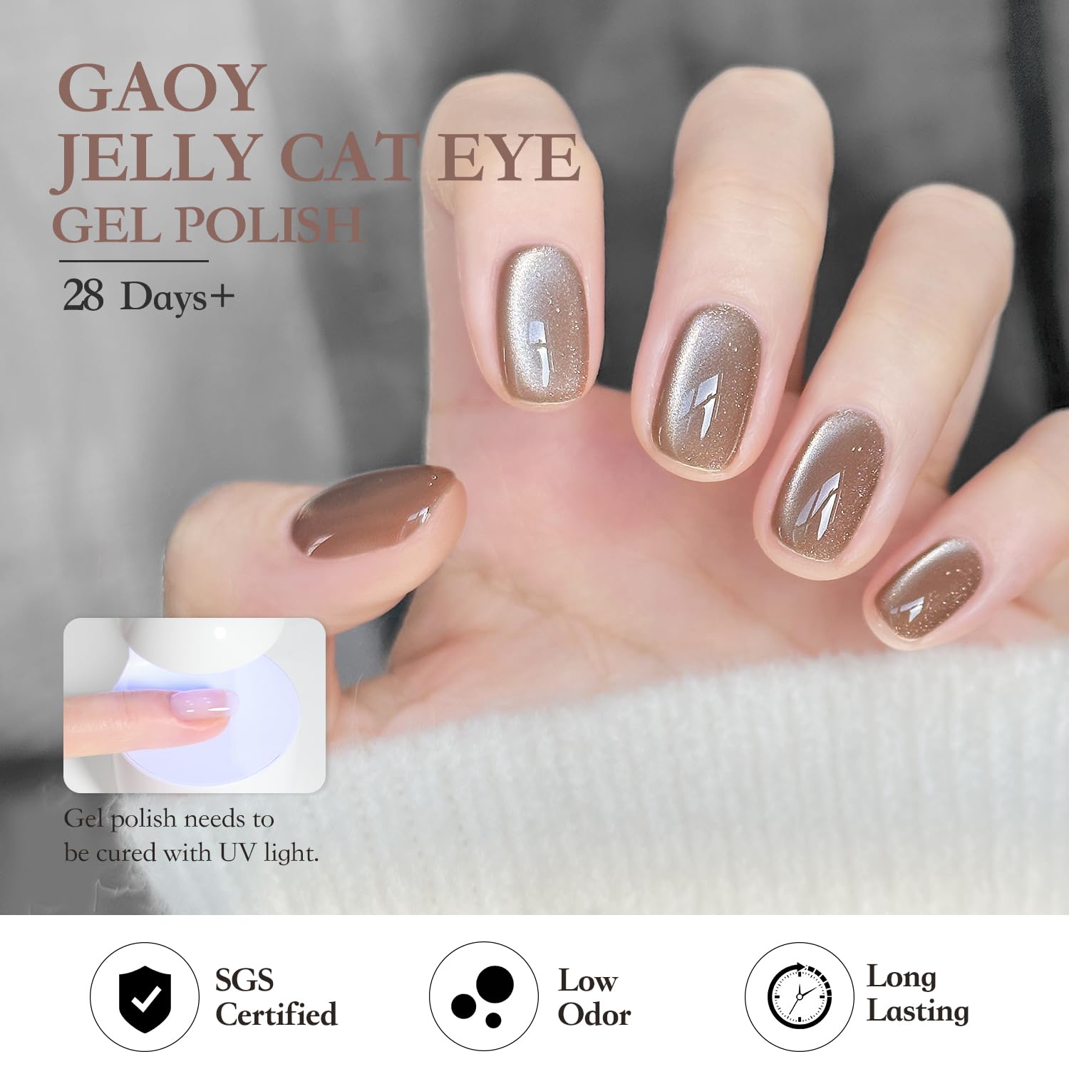 GAOY finition brillante avec effet oeil-chat et eclats scintillants.