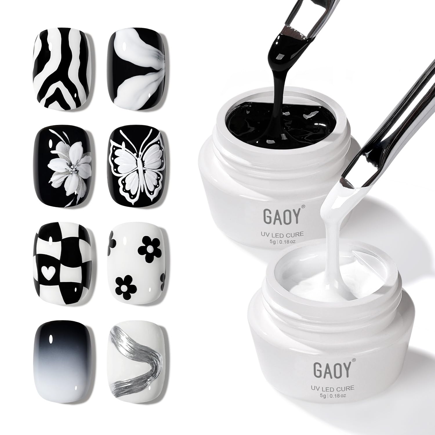 GAOY Gel noir et blanc – lignes fines nettes pour l'art des ongles