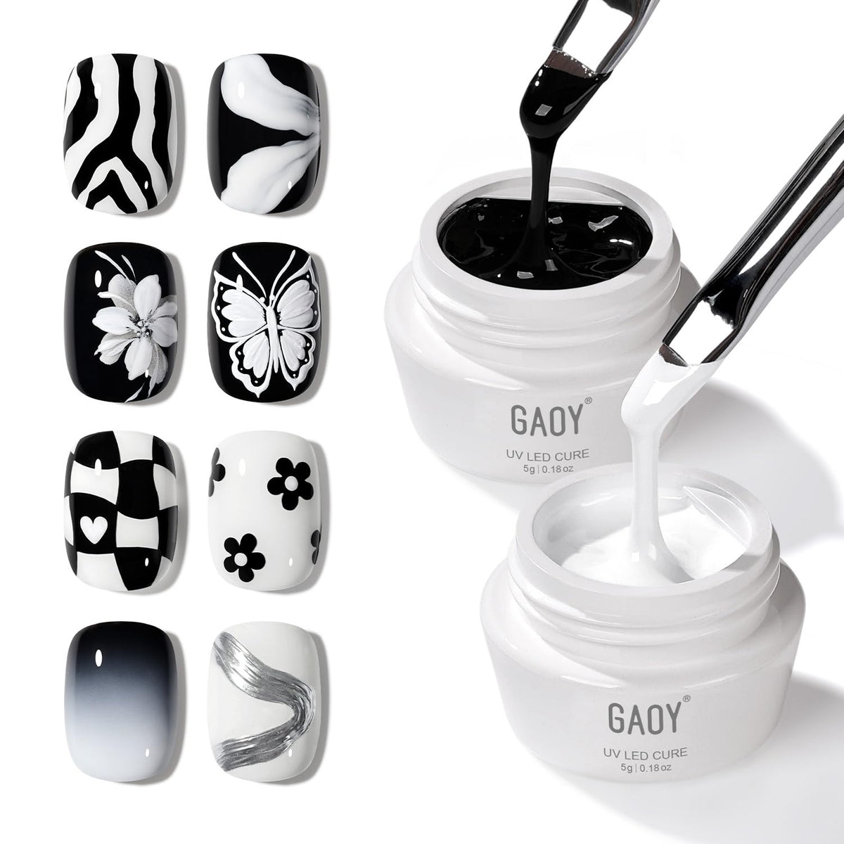 GAOY Gel noir et blanc – lignes fines nettes pour l'art des ongles