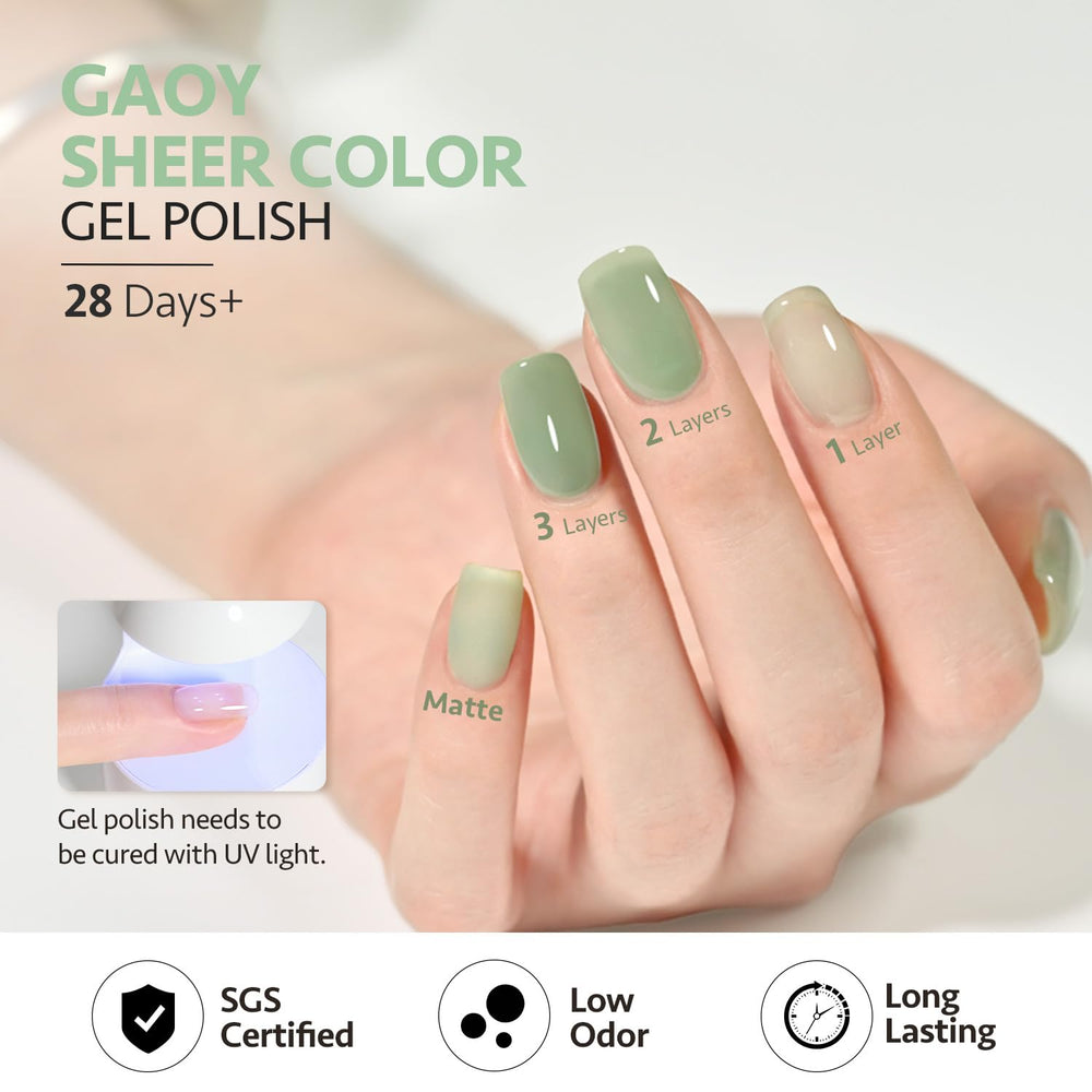 GAOY Jelly Green Gel Nail Polish Set long-lasting finish with proper base and top coats.
