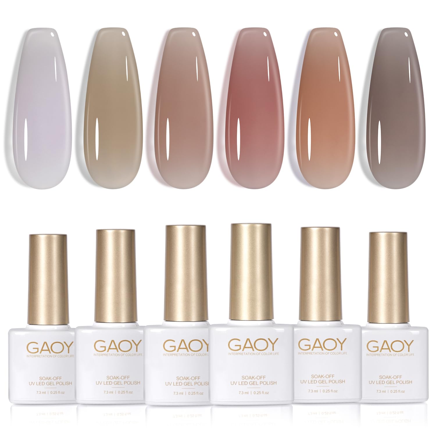 GAOY Jelly Nude – flacons vernis gel 6 teintes transparents pour un look naturel et modulable.