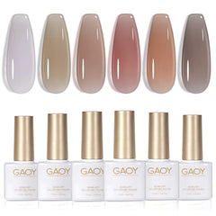 GAOY Jelly Nude – flacons vernis gel 6 teintes transparents pour un look naturel et modulable.
