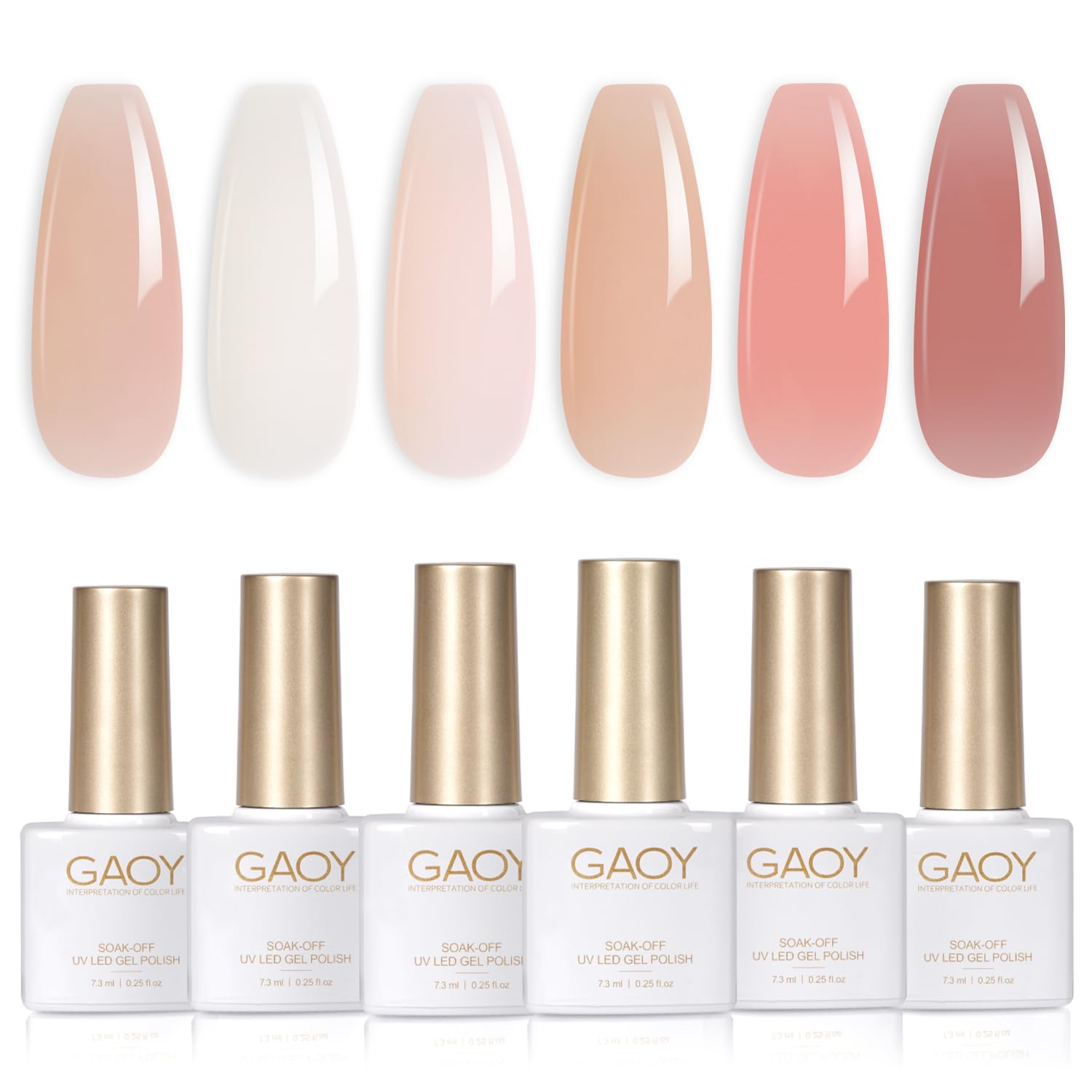 GAOY Milky Jelly Nude bottles with swatches showing sheer to opaque options for versatile nails.