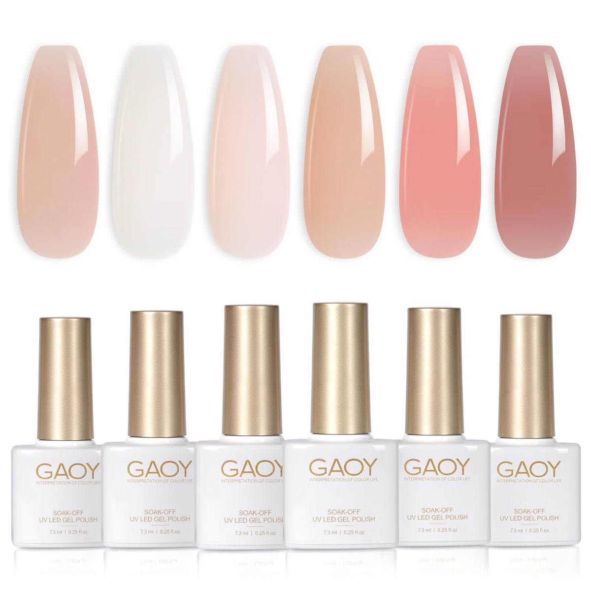 GAOY Milky Jelly Nude bottles with swatches showing sheer to opaque options for versatile nails.
