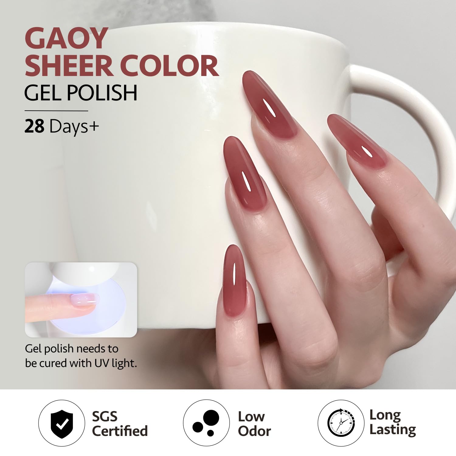 GAOY vernis gel brun clair transparent, crée des couches délicates pour profondeur.