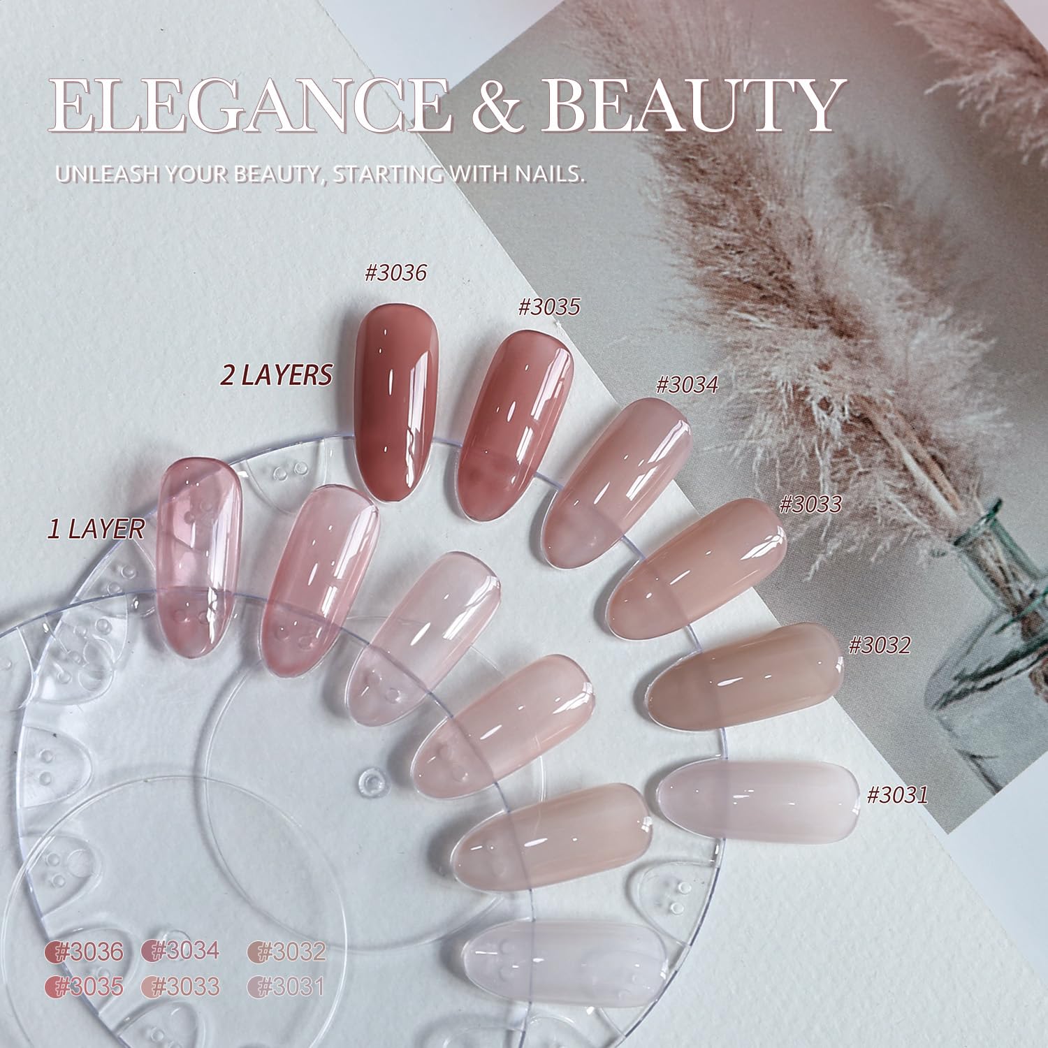 GAOY vernis gel transparent foncé, look nude naturel jusqu'à opaque par couches.