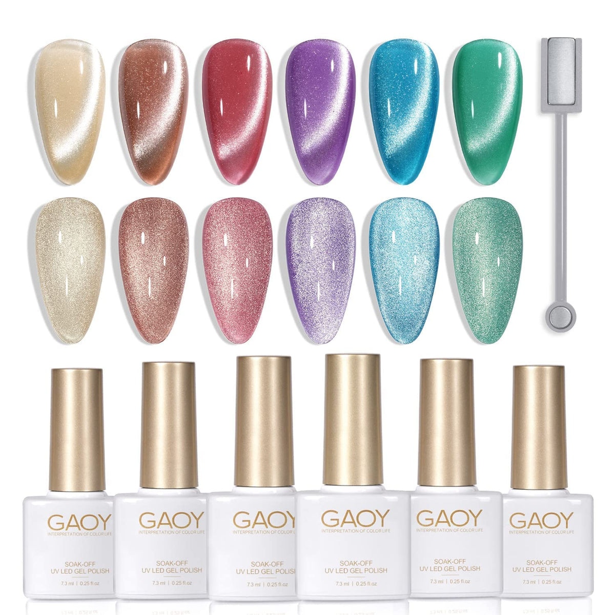 GAOY vernis gel effet oeil-de-chat violet avec paillettes, rendu profond et brillant.