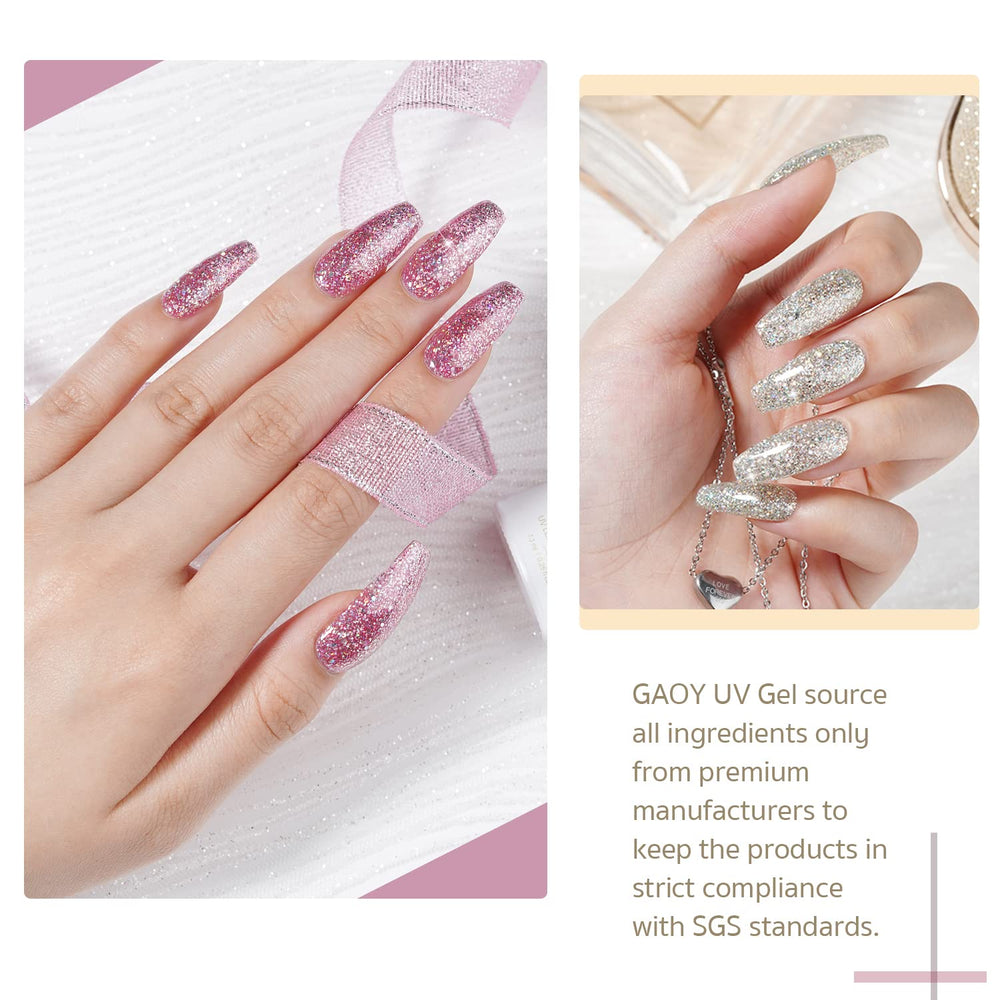 GAOY Vernis Gel Glitter Ruby rose, flacon rose scintillant idéal pour des décor festifs.