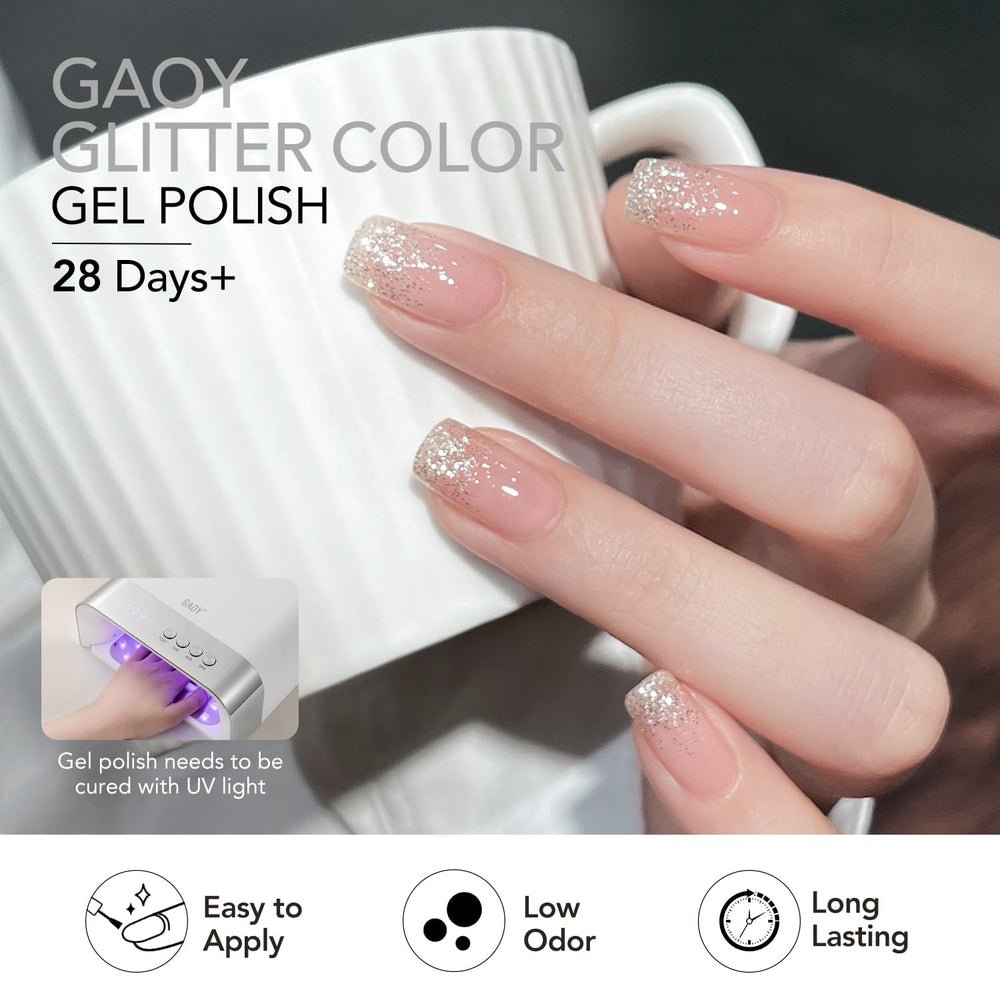GAOY vernis gel paillettes – tenue jusqu’à 4 semaines avec base et top coat.