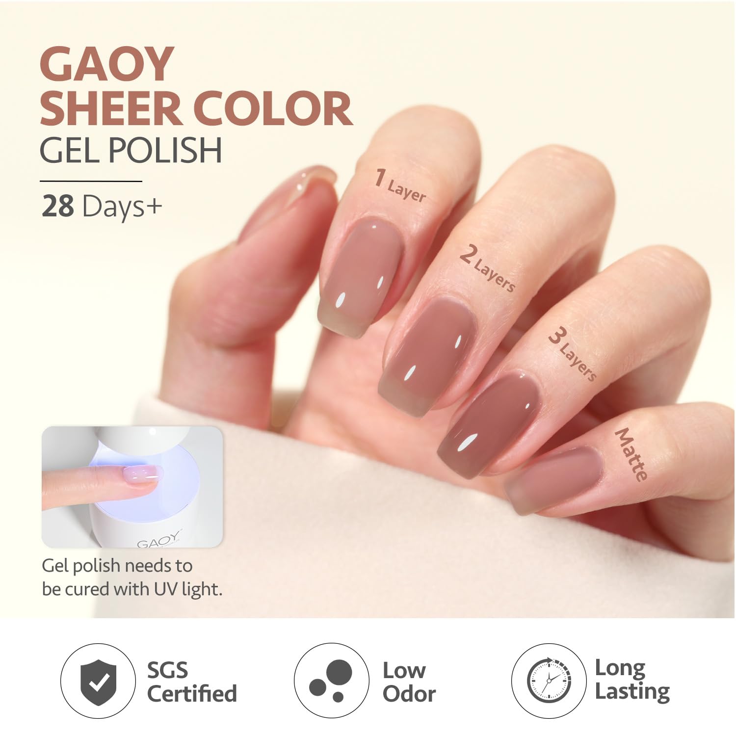 GAOY Vernis Gel Rose Nude — application facile et cuisson UV rapide à domicile.