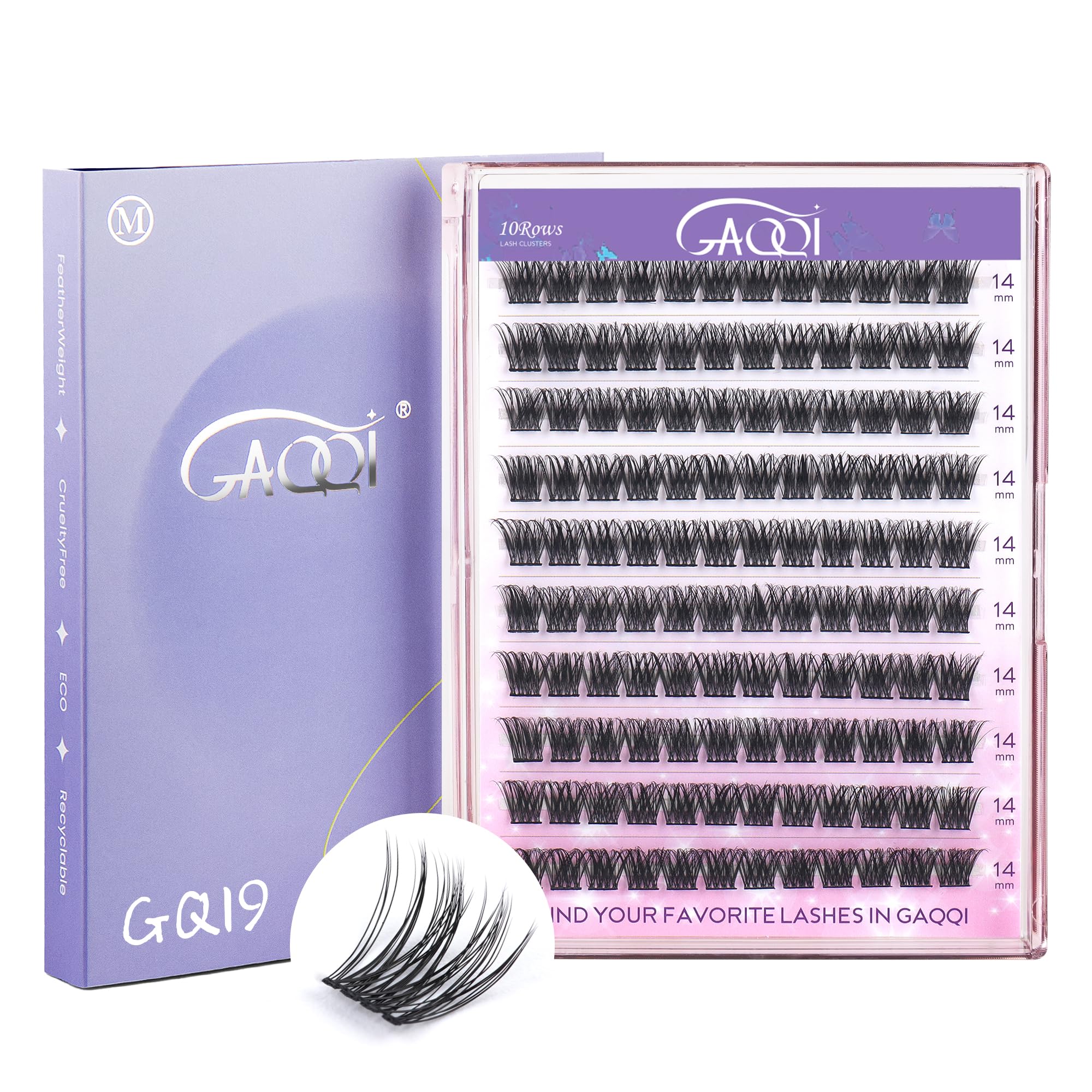 GAQQI cils groupés GQ19 D Curl 14mm pour un regard naturel et léger.