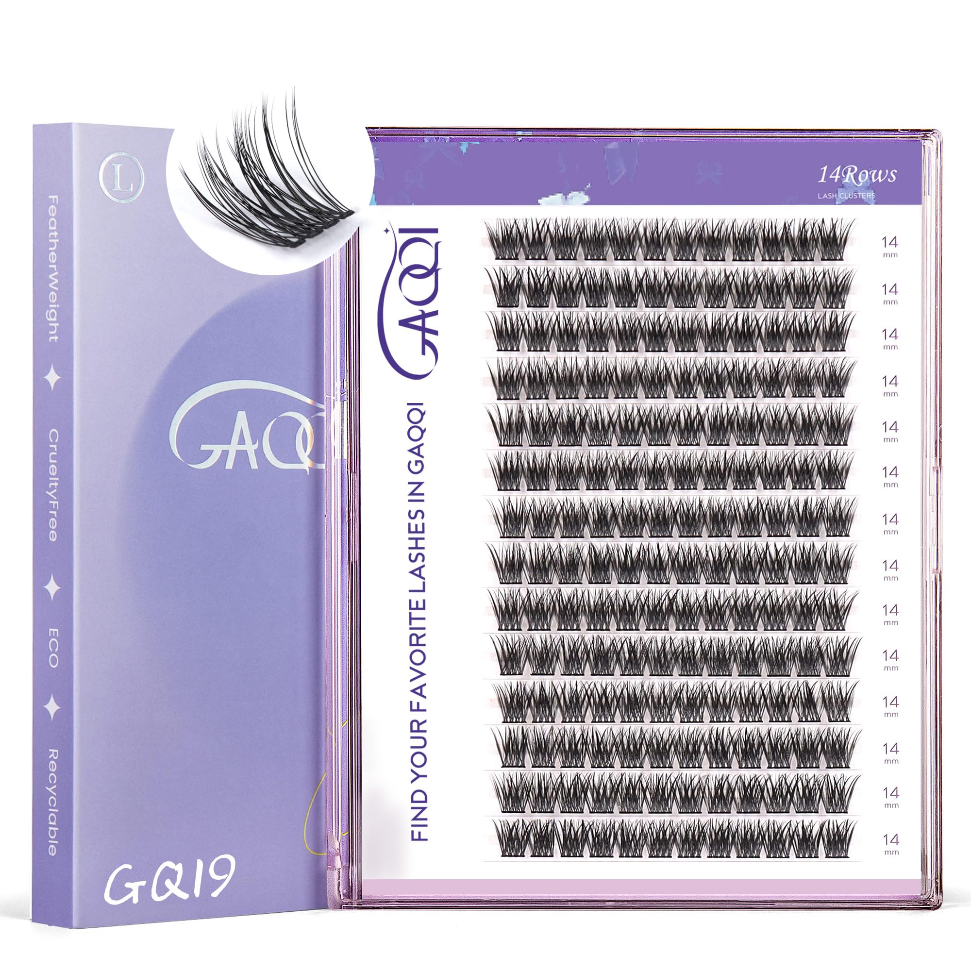 GAQQI GQ19 ensemble cils clusters 168pcs, D curl, 14mm, regard naturel et lumineux.
