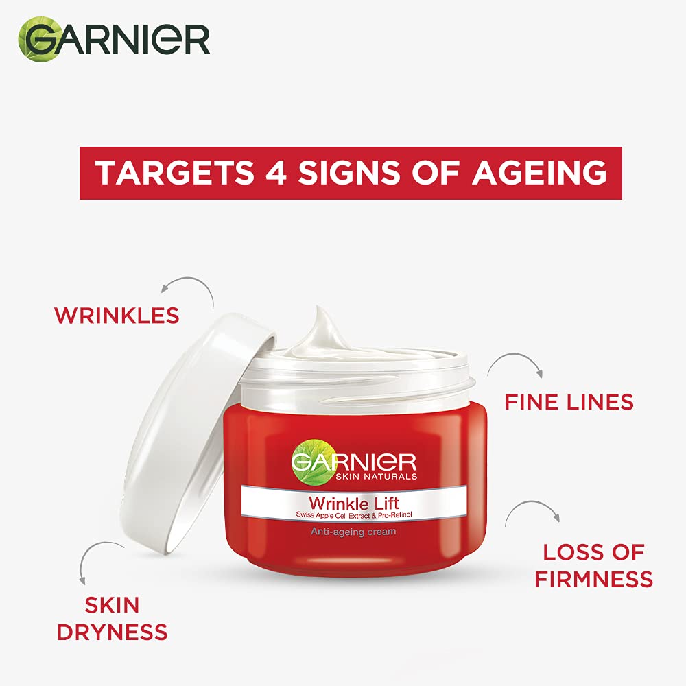 Garnier Crème Anti-Âge 40 g, application sur peau pour un confort immédiat.