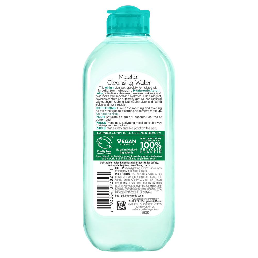Garnier Eau Micellaire Hyaluronique testée ophtalmologiquement, douce autour des yeux.