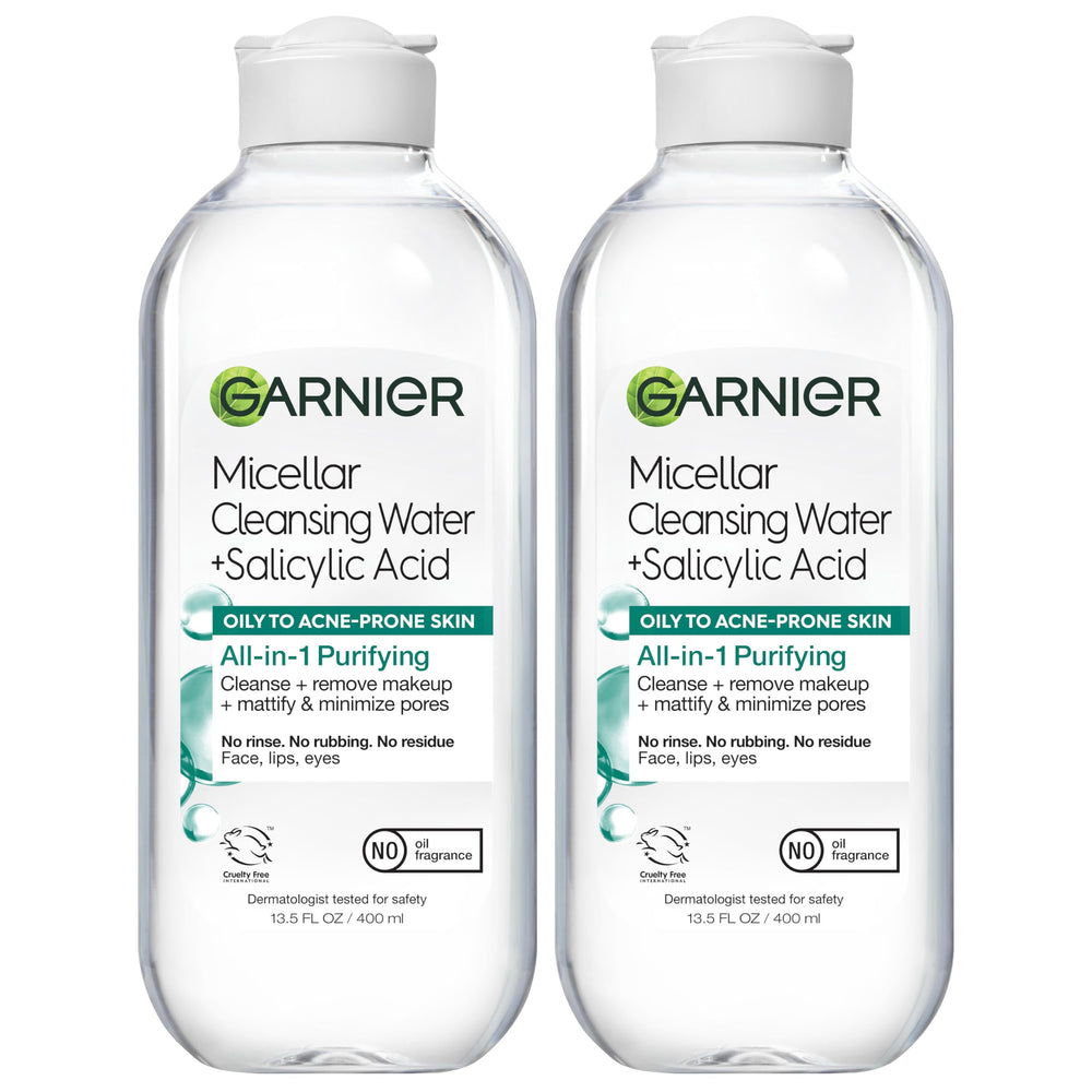 Garnier eau micellaire salicylique – bouteille prête à l'emploi, démaquille sans frottement.