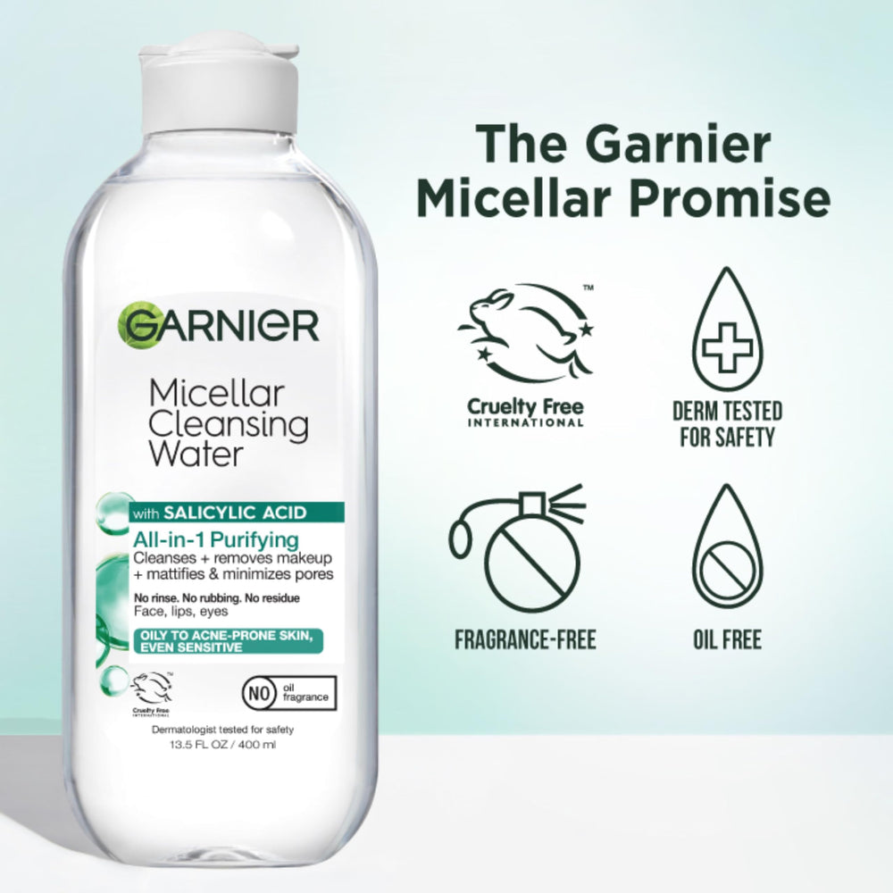 Garnier Eau micellaire salicylique démaquille yeux et lèvres sans frottement.