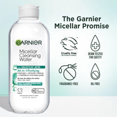 Garnier Eau micellaire salicylique démaquille yeux et lèvres sans frottement.