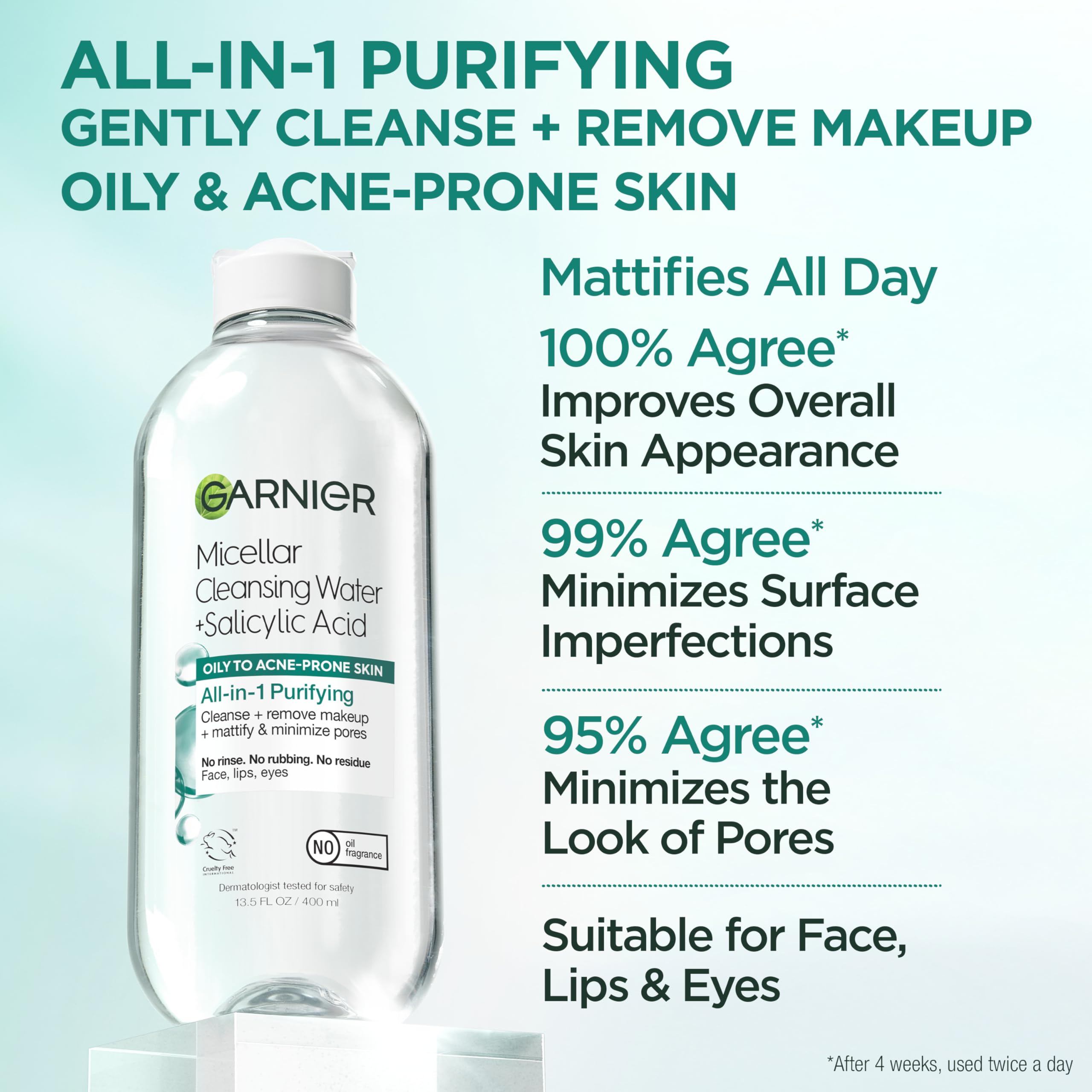 Garnier eau micellaire salicylique – coton appliqué sur visage, nettoyage tout-en-un.