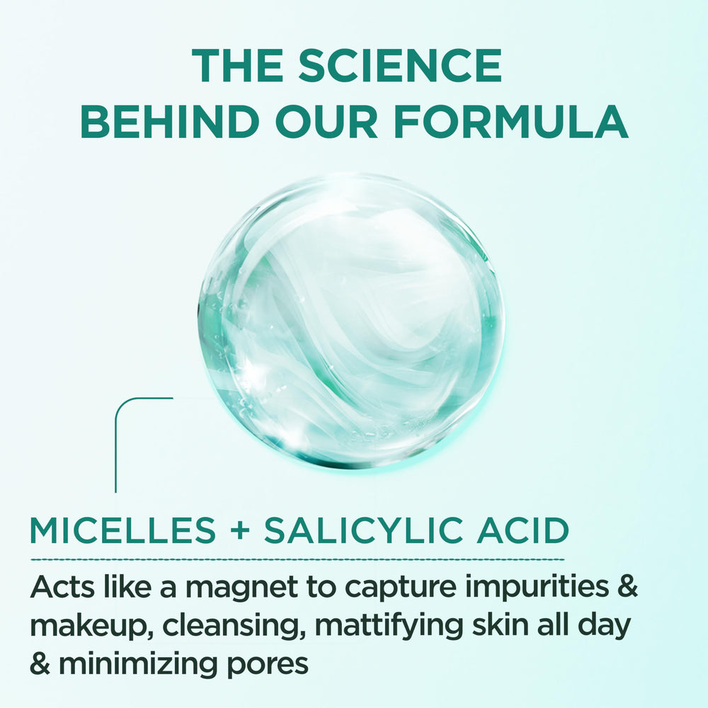 Garnier eau micellaire salicylique – étiquette visible, indiquant les bénéfices purifiants.