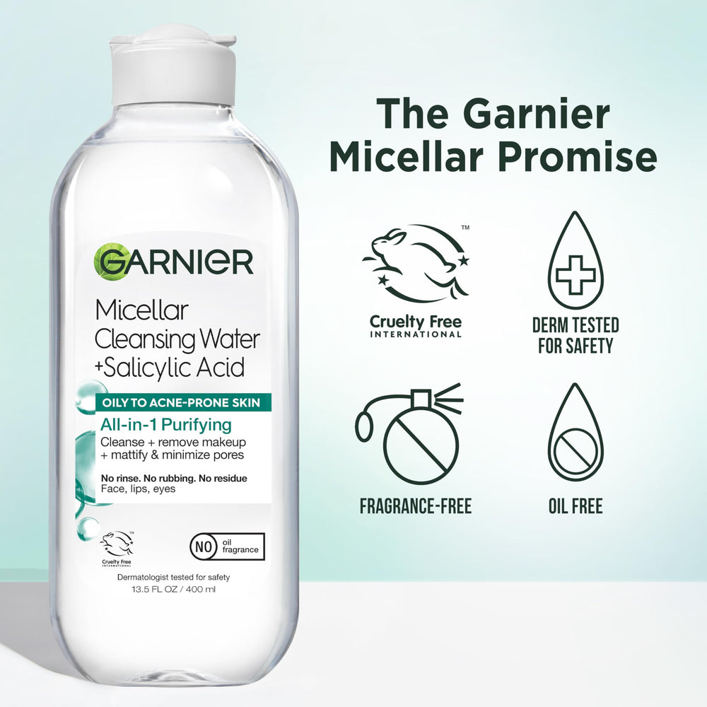 Garnier eau micellaire salicylique – soin quotidien sans rinçage nécessaire.