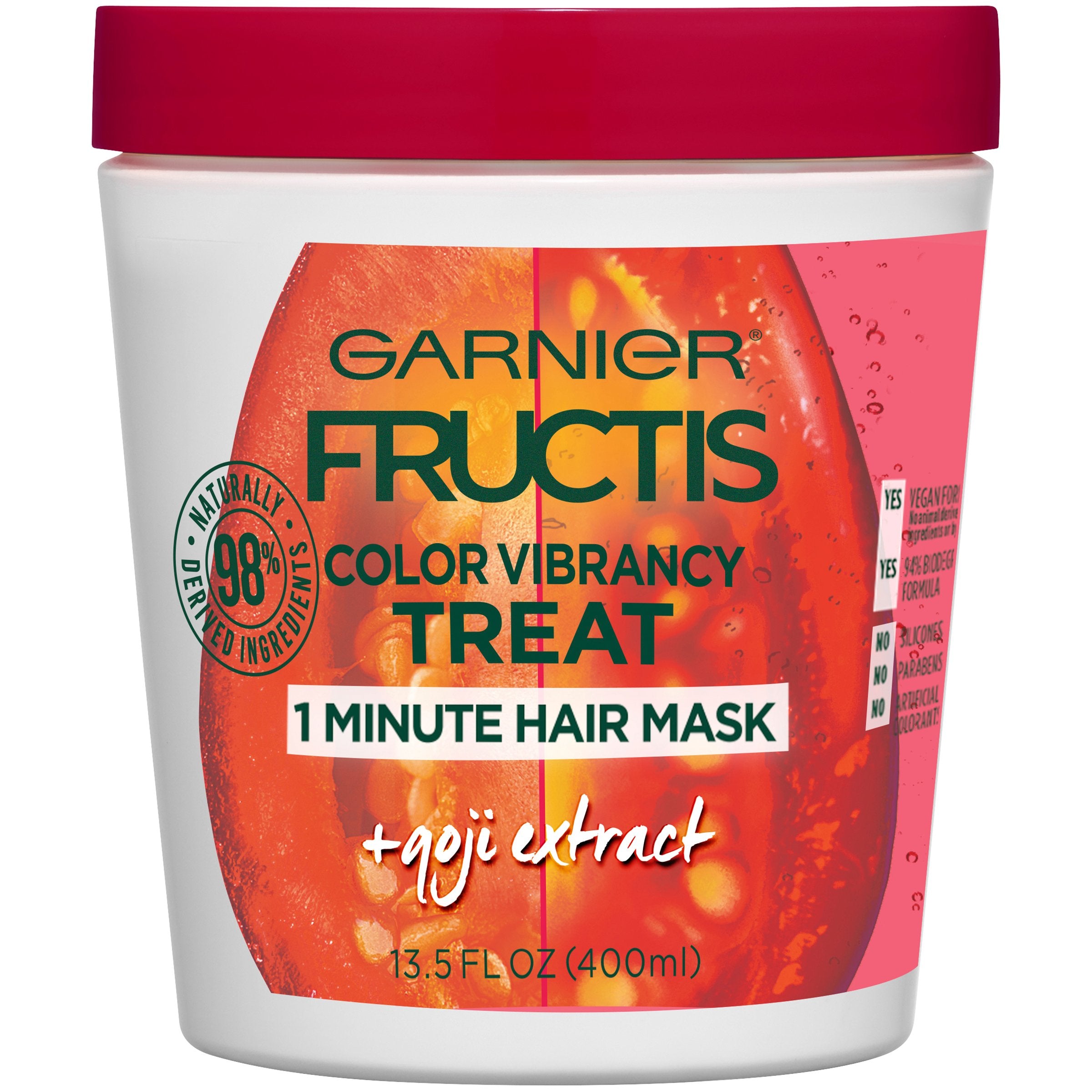 Garnier Fructis Color Vibrancy en bouteille, masque 1 minute pour couleur et douceur.