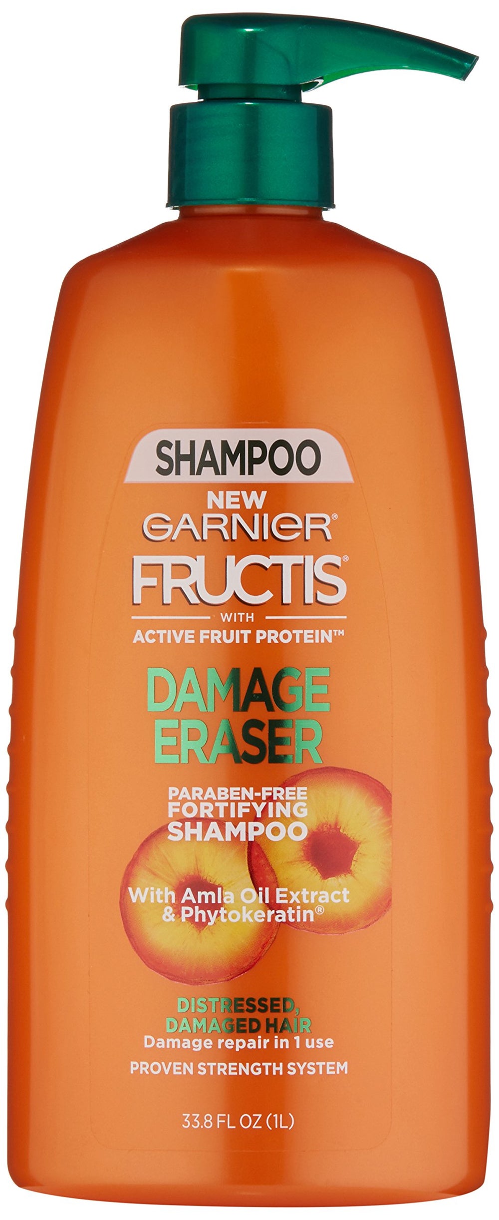 Garnier Fructis Damage Eraser Shampoo, bouteille identifiable, renforce les cheveux dès le premier lavage.