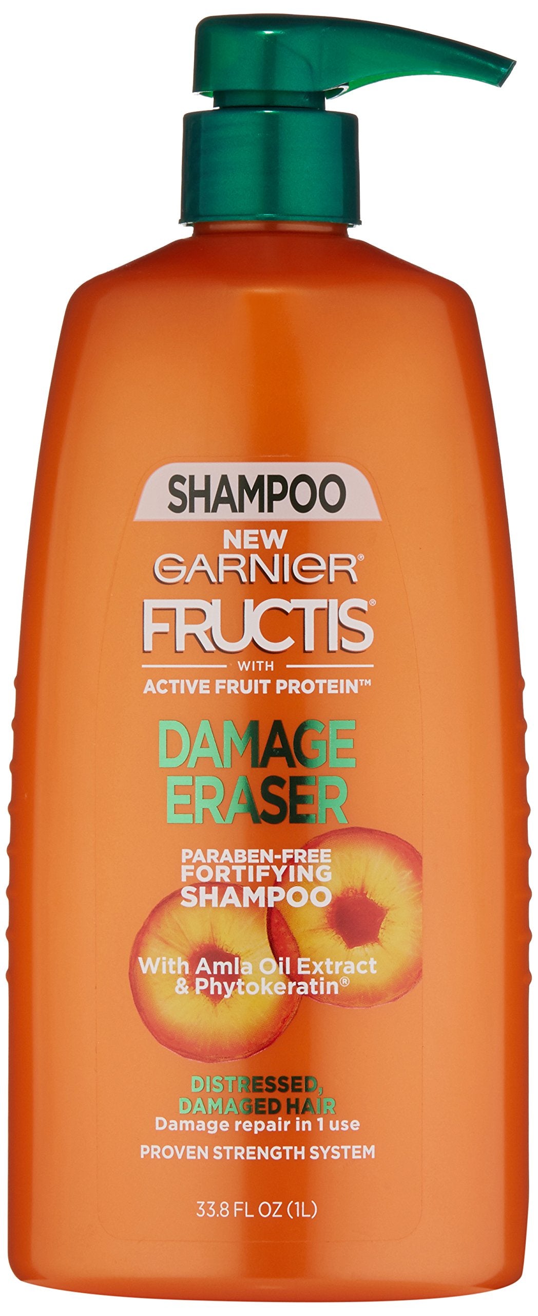 Garnier Fructis Damage Eraser Shampoo, bouteille identifiable, renforce les cheveux dès le premier lavage.