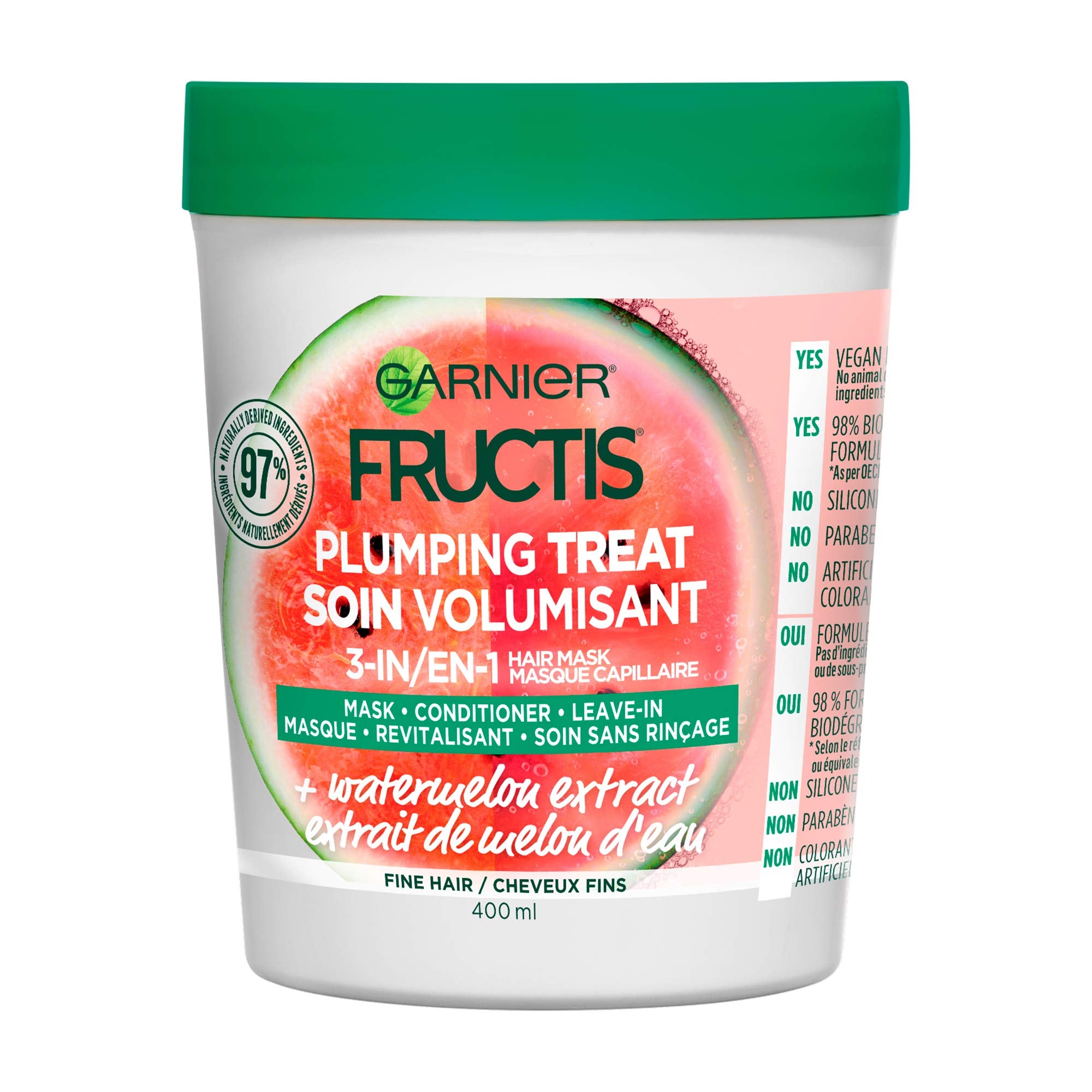 Garnier Fructis Plumping Treat 3-en-1 avec extrait de pastèque, hydratant pour cheveux fins et volumineux