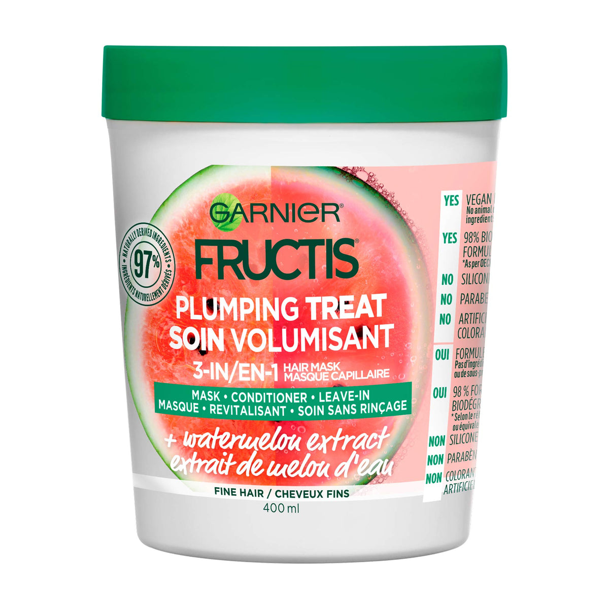 Garnier Fructis Plumping Treat 3-en-1 avec extrait de pastèque, hydratant pour cheveux fins et volumineux